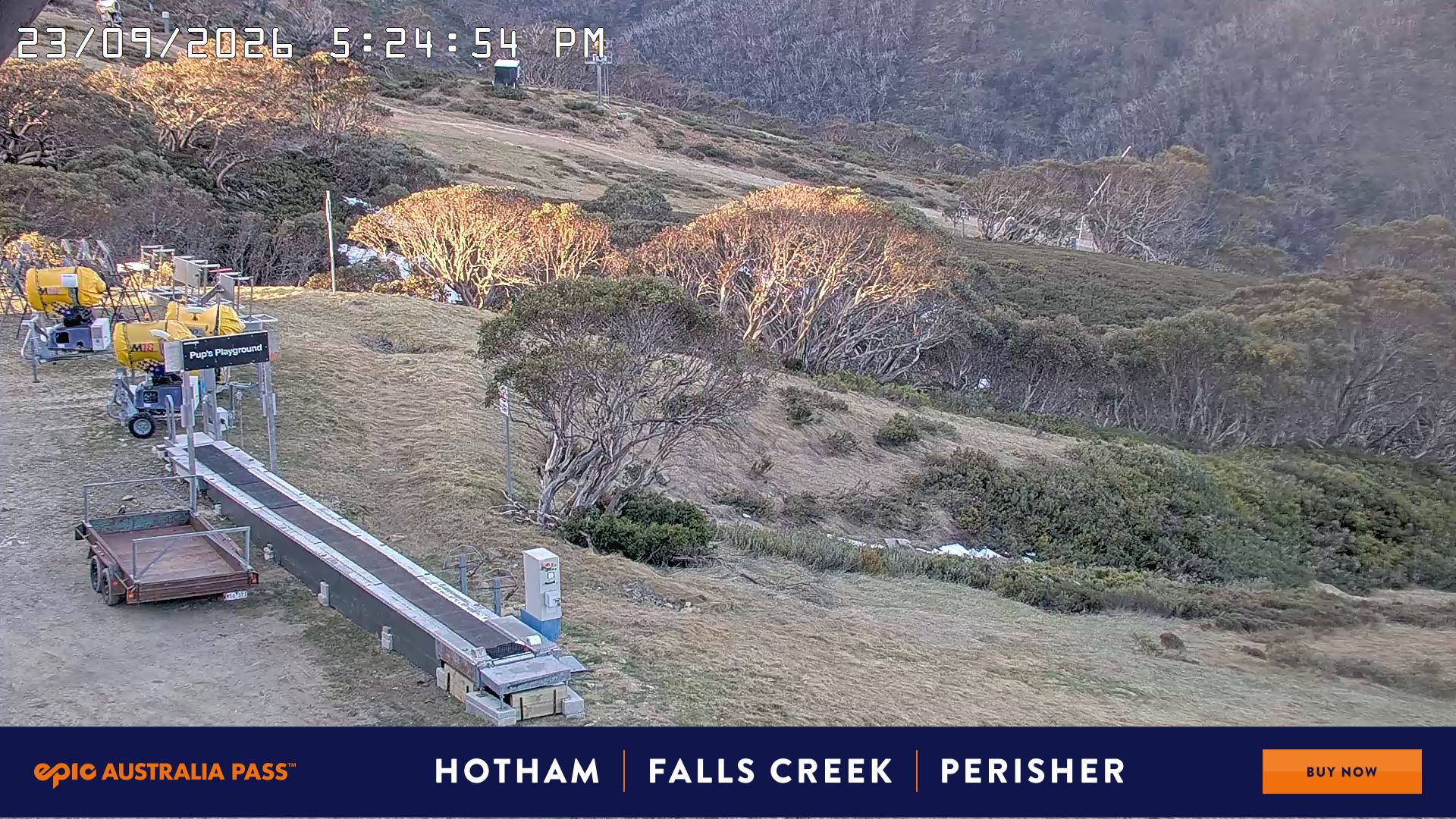 Mt Hotham Pup's and Sun Run snow cam captured at 23 September 2026 at 5:31 pm AEST