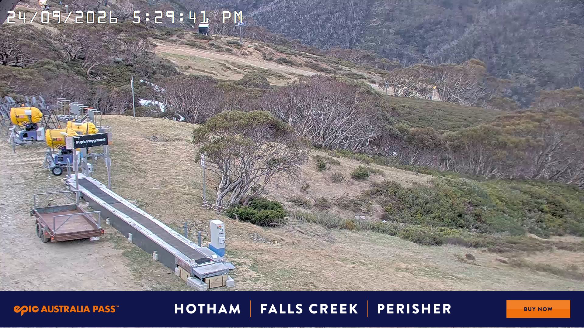 Mt Hotham Pup's and Sun Run snow cam captured at 24 September 2026 at 5:32 pm AEST