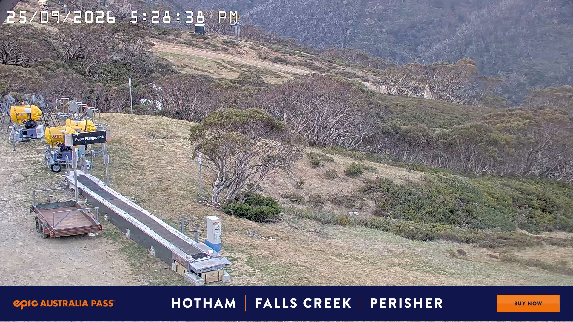 Mt Hotham Pup's and Sun Run snow cam captured at 25 September 2026 at 5:36 pm AEST