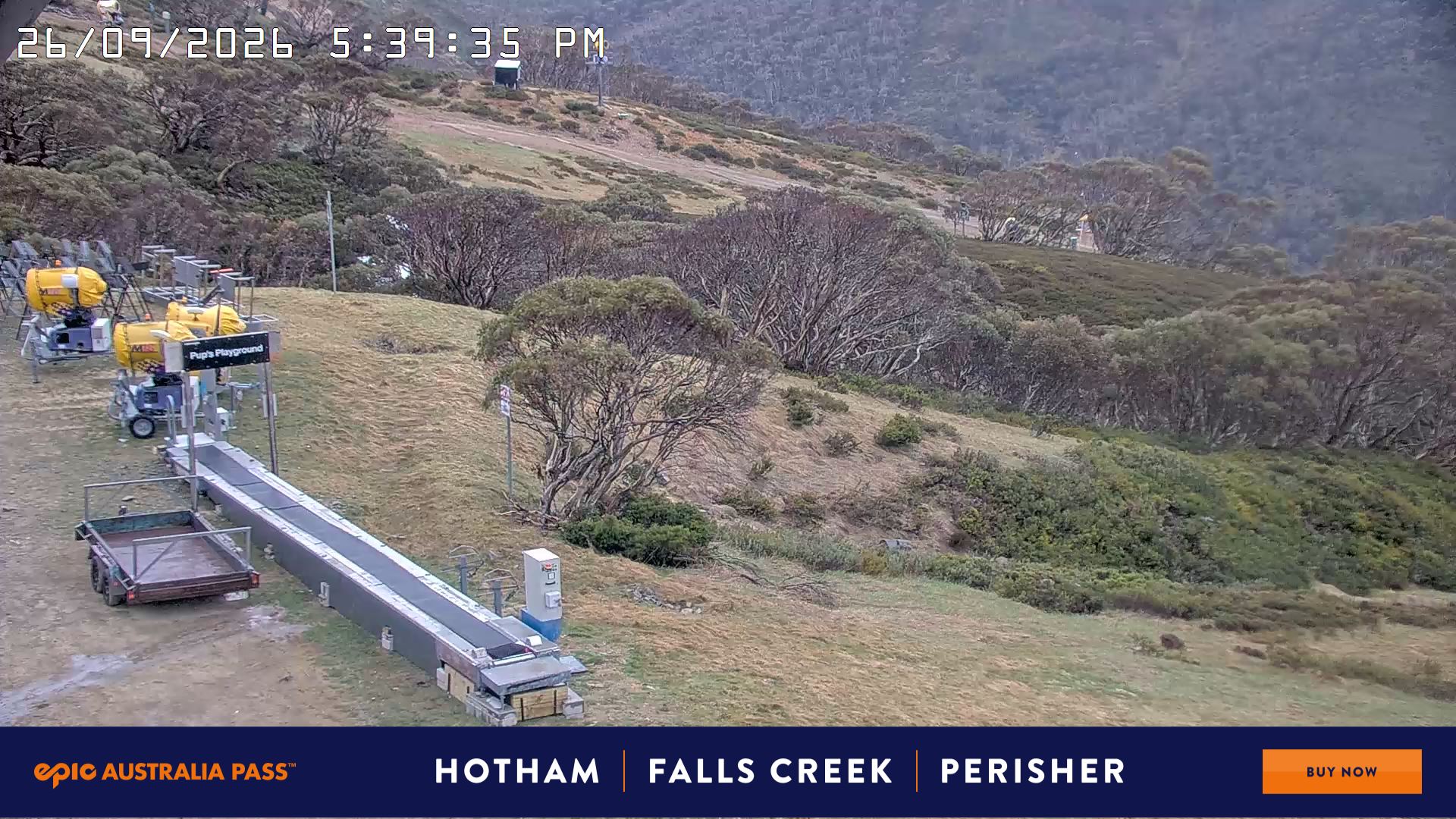 Mt Hotham Pup's and Sun Run snow cam captured at 26 September 2026 at 5:48 pm AEST