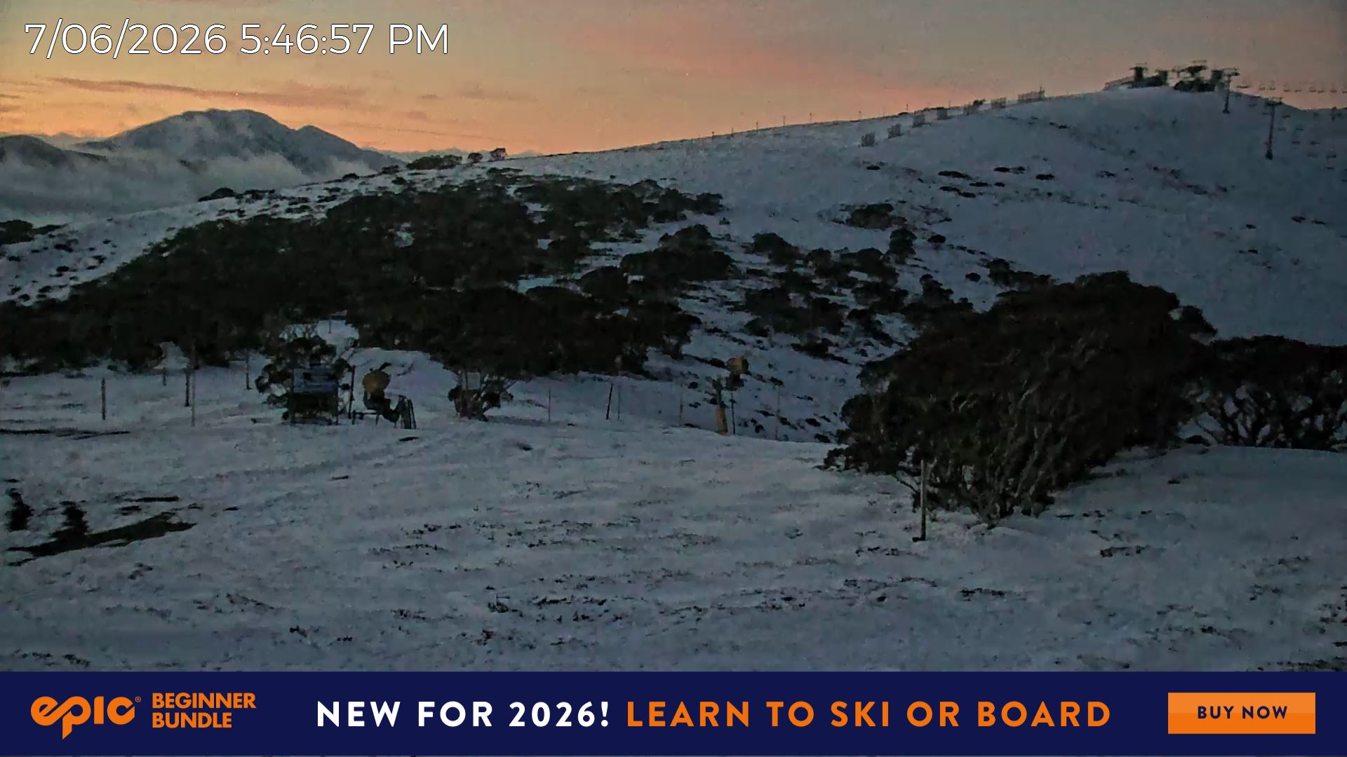 Mt Hotham Skating Rink snow cam captured at 7 June 2026 at 11:05 pm AEST