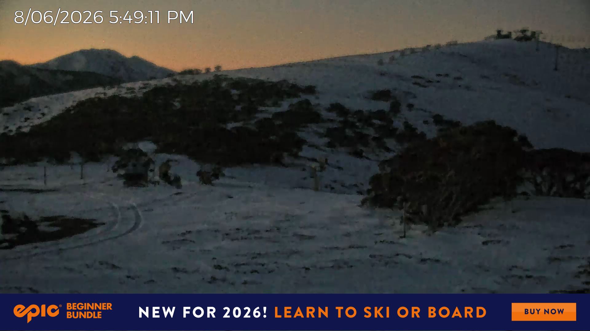 Mt Hotham Skating Rink snow cam captured at 8 June 2026 at 5:54 pm AEST