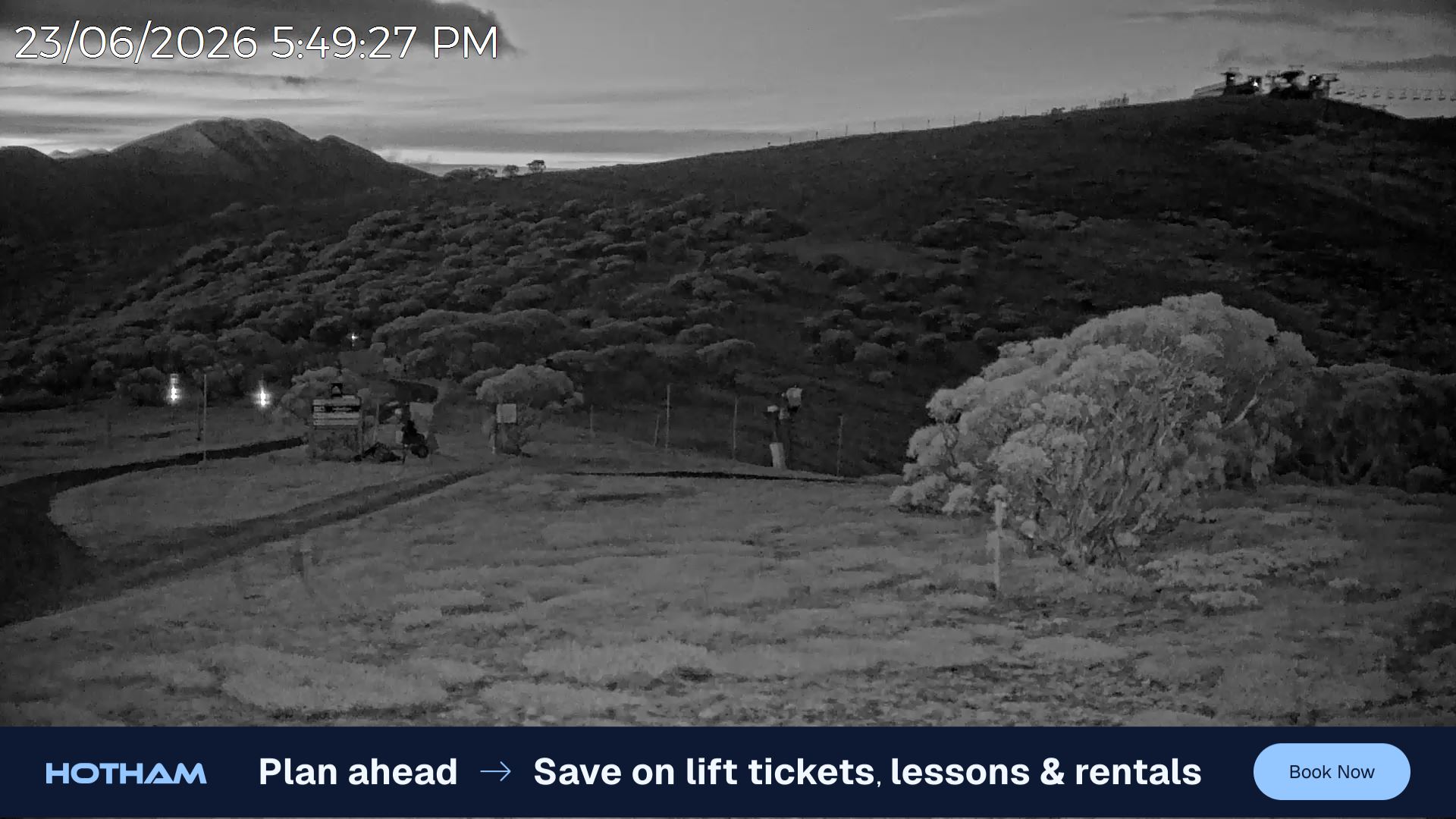 Mt Hotham Skating Rink snow cam captured at 23 June 2026 at 5:52 pm AEST