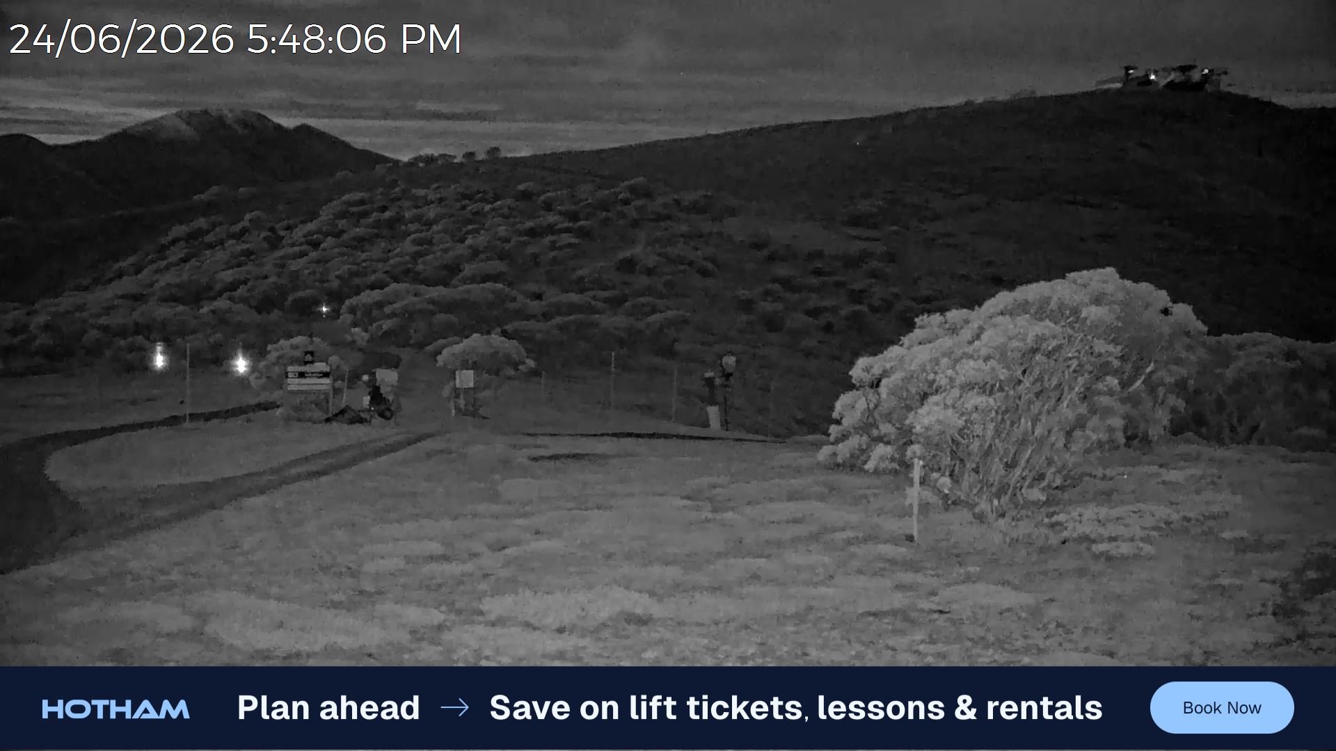 Mt Hotham Skating Rink snow cam captured at 24 June 2026 at 5:52 pm AEST