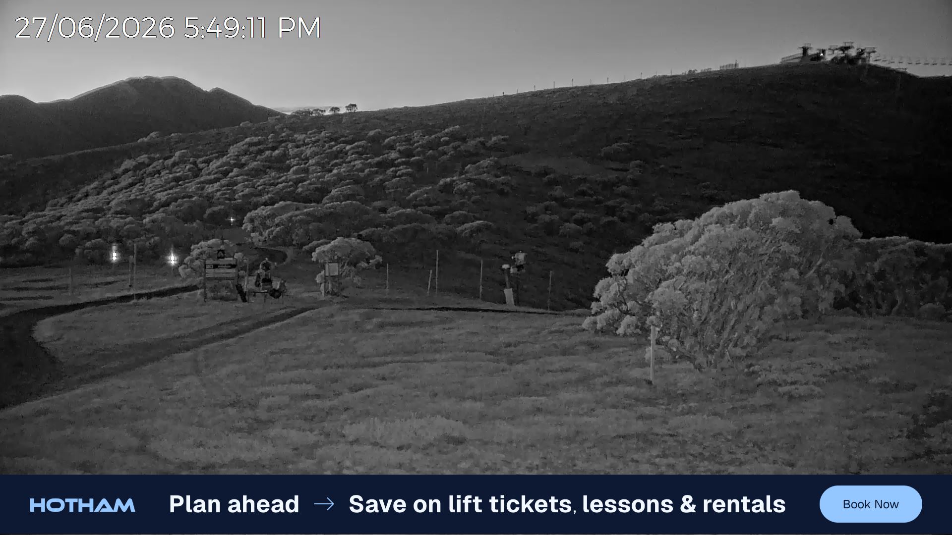 Mt Hotham Skating Rink snow cam captured at 27 June 2026 at 5:50 pm AEST