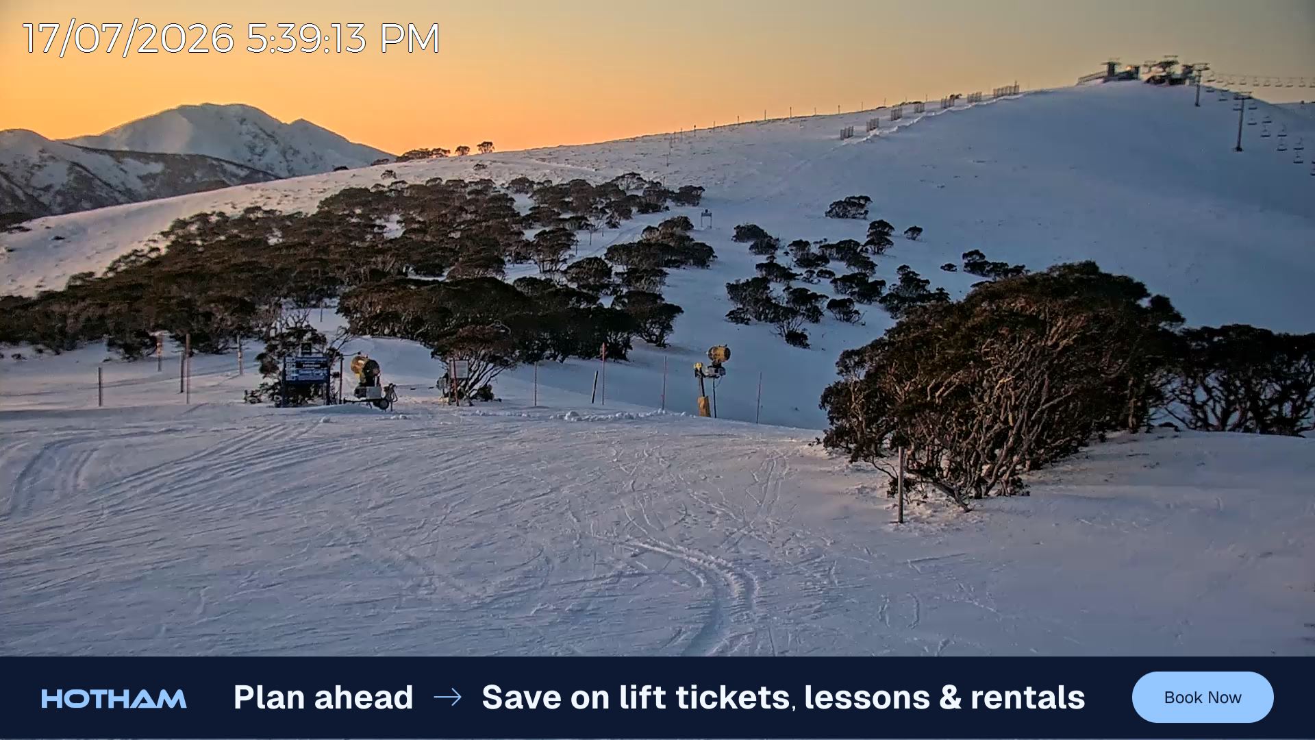 Mt Hotham Skating Rink snow cam captured at 17 July 2026 at 5:42 pm AEST