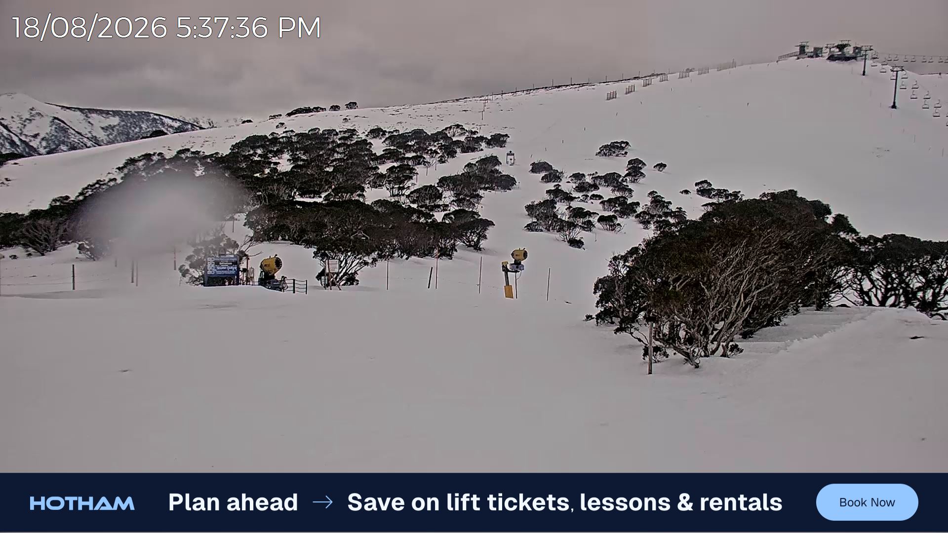 Mt Hotham Skating Rink snow cam captured at 18 August 2026 at 5:44 pm AEST