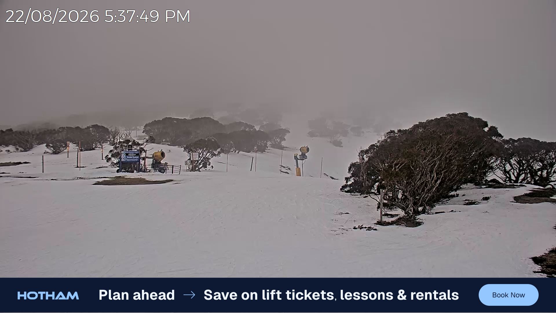 Mt Hotham Skating Rink snow cam captured at 22 August 2026 at 5:39 pm AEST