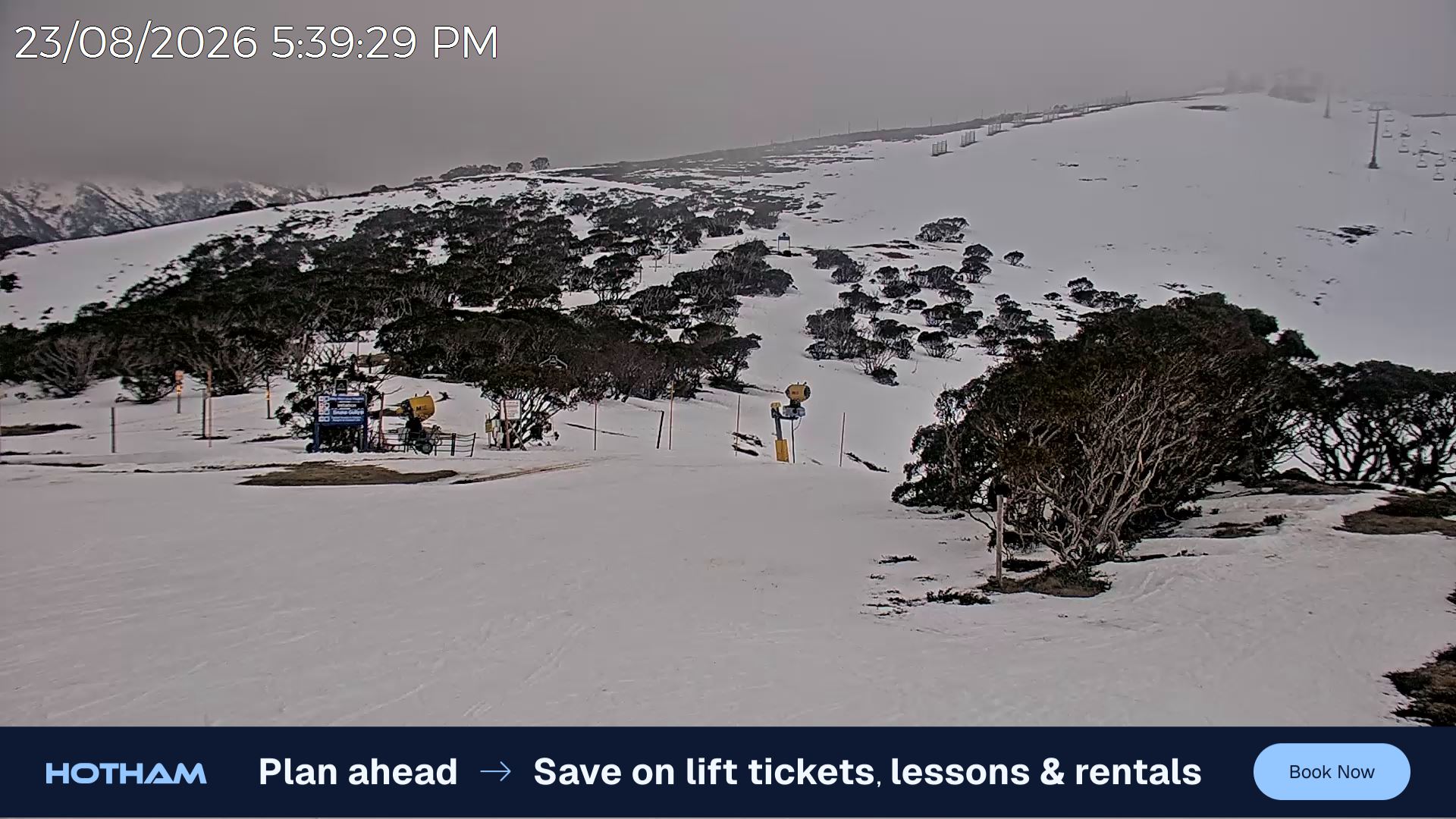 Mt Hotham Skating Rink snow cam captured at 23 August 2026 at 5:40 pm AEST