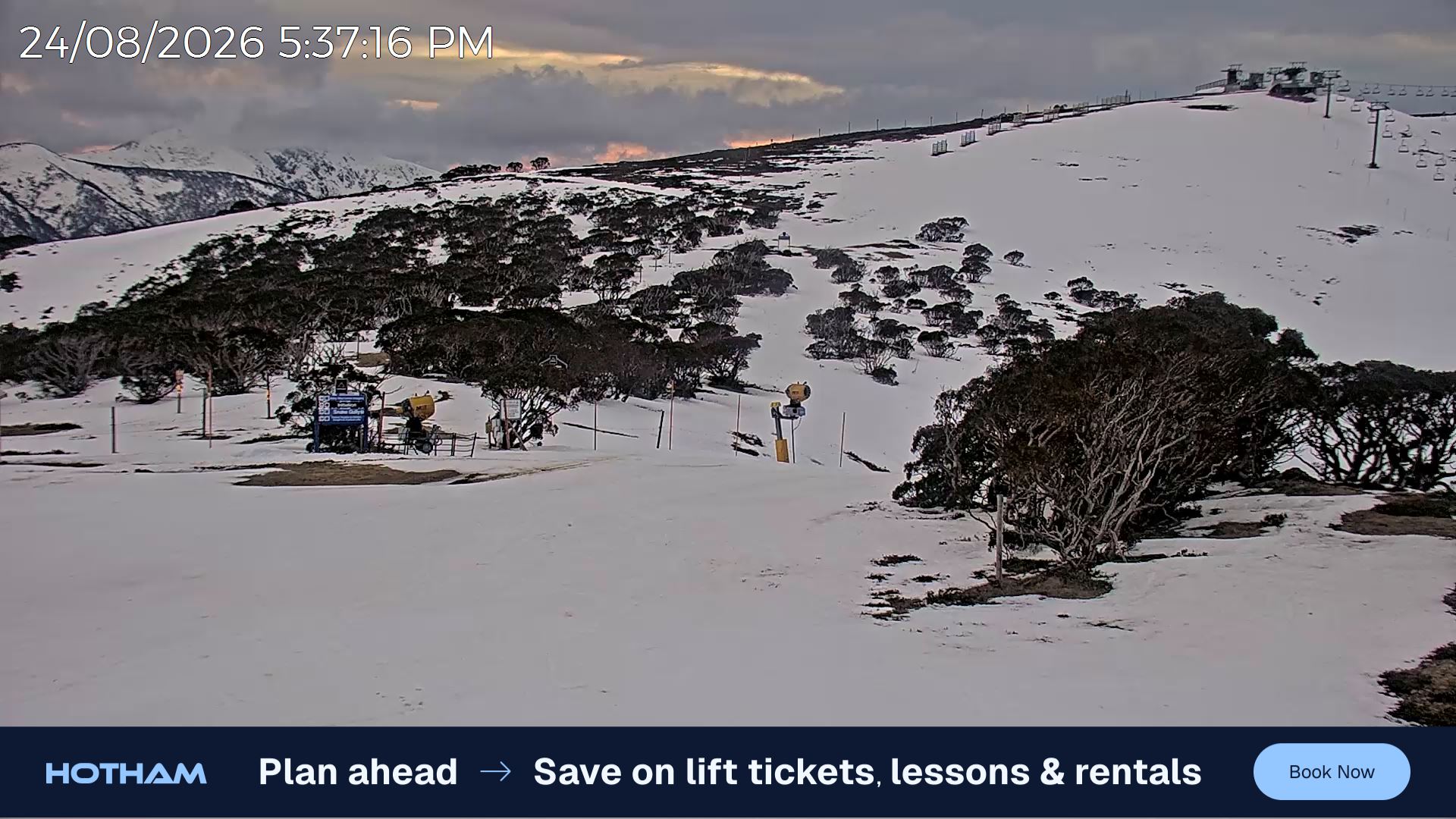 Mt Hotham Skating Rink snow cam captured at 24 August 2026 at 5:41 pm AEST