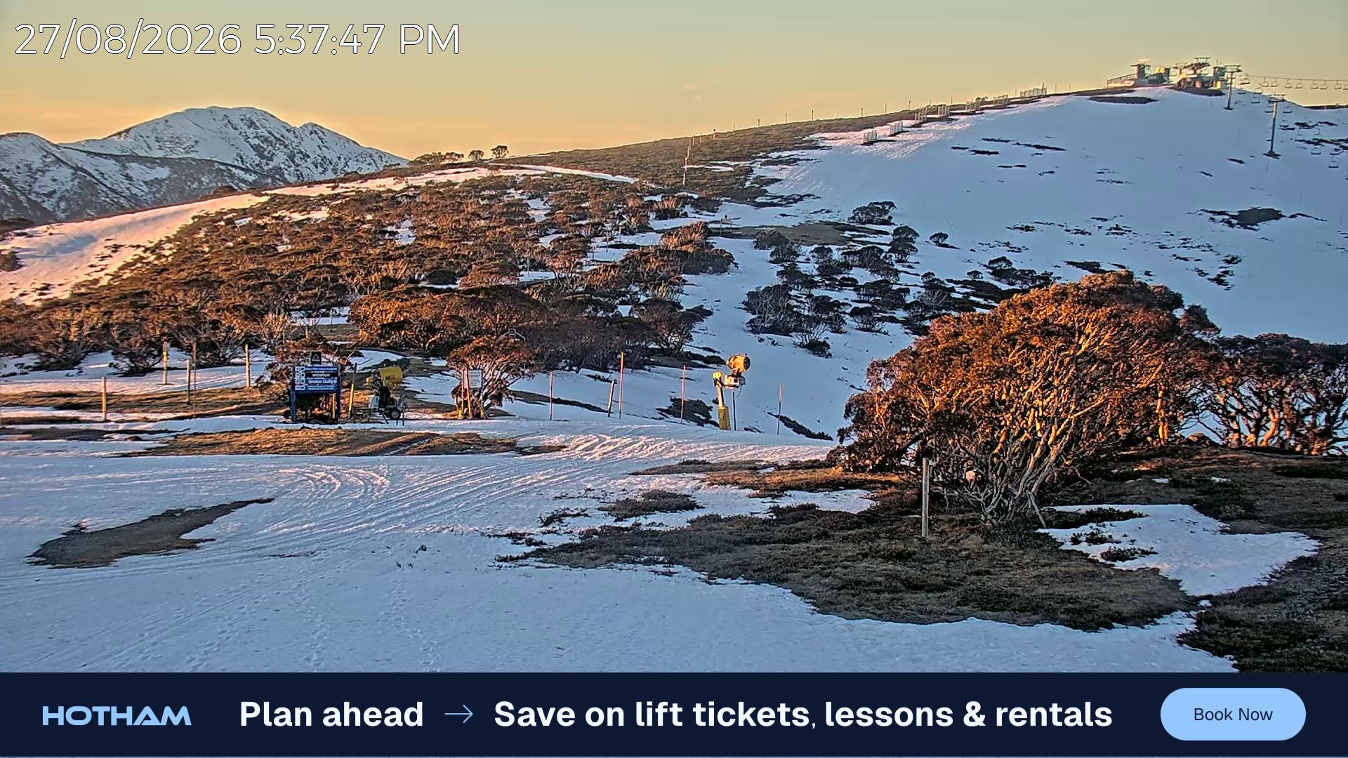 Mt Hotham Skating Rink snow cam captured at 27 August 2026 at 5:44 pm AEST