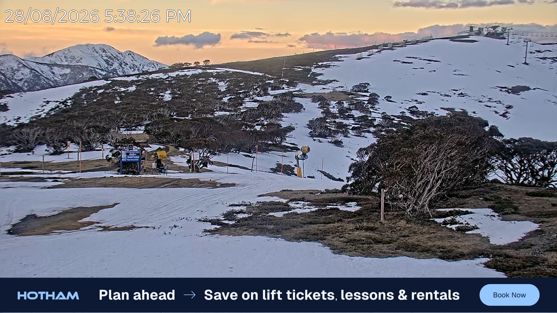 Mt Hotham Skating Rink snow cam captured at 28 August 2026 at 5:45 pm AEST