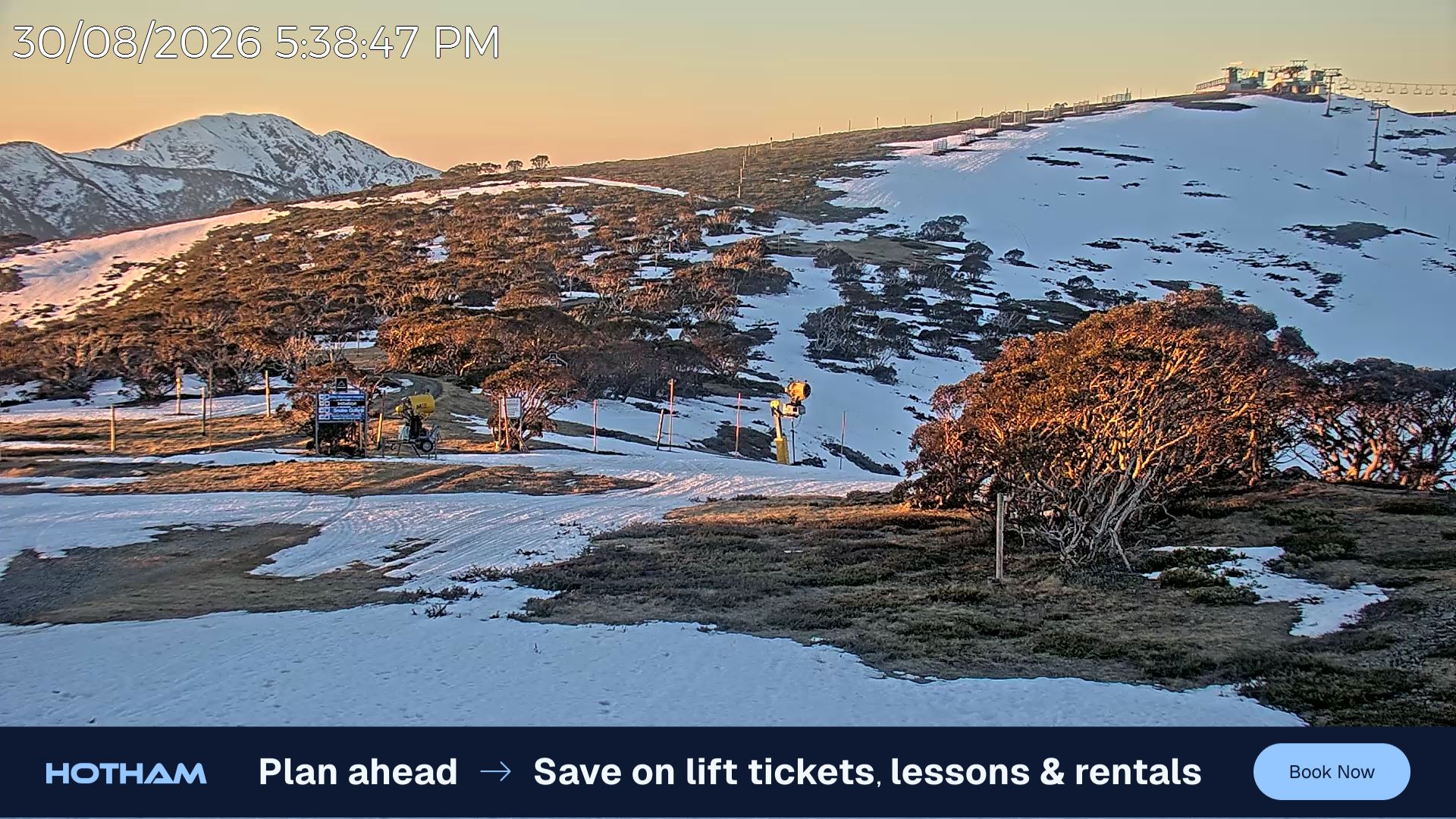 Mt Hotham Skating Rink snow cam captured at 30 August 2026 at 5:38 pm AEST