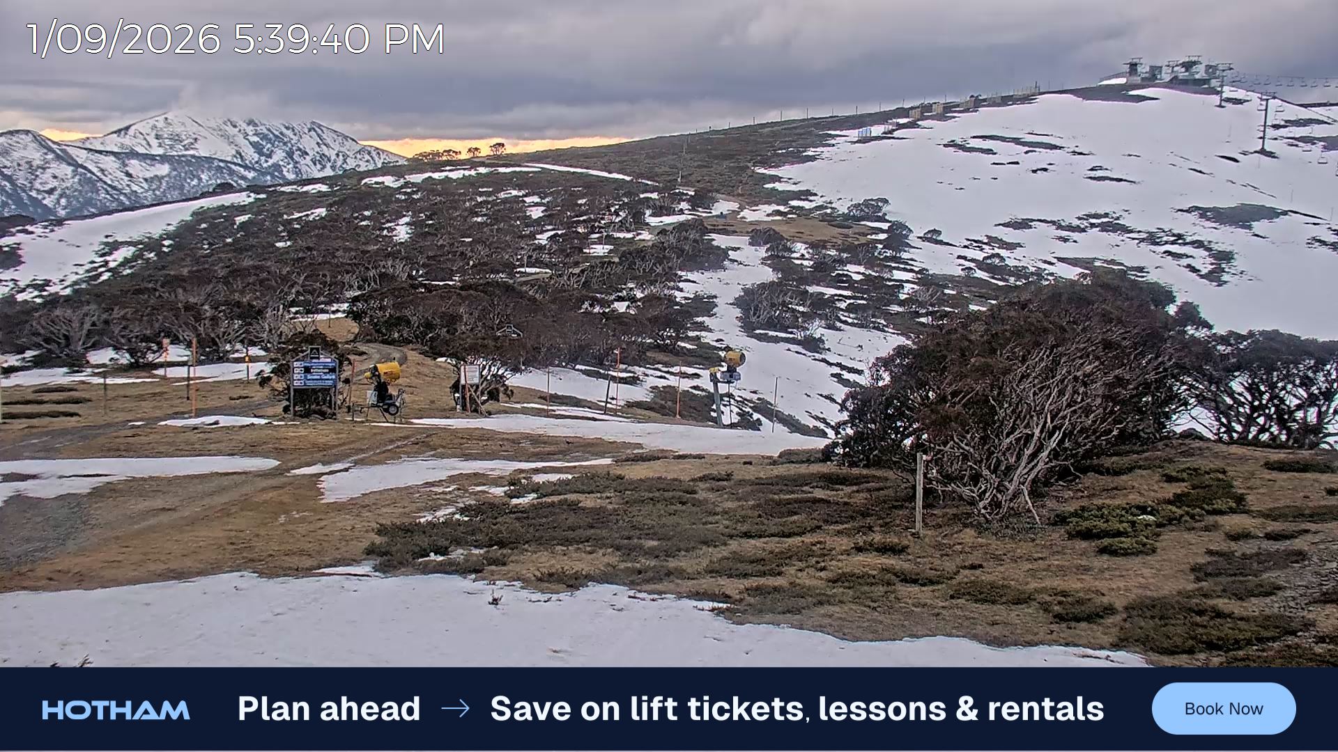 Mt Hotham Skating Rink snow cam captured at 1 September 2026 at 5:41 pm AEST
