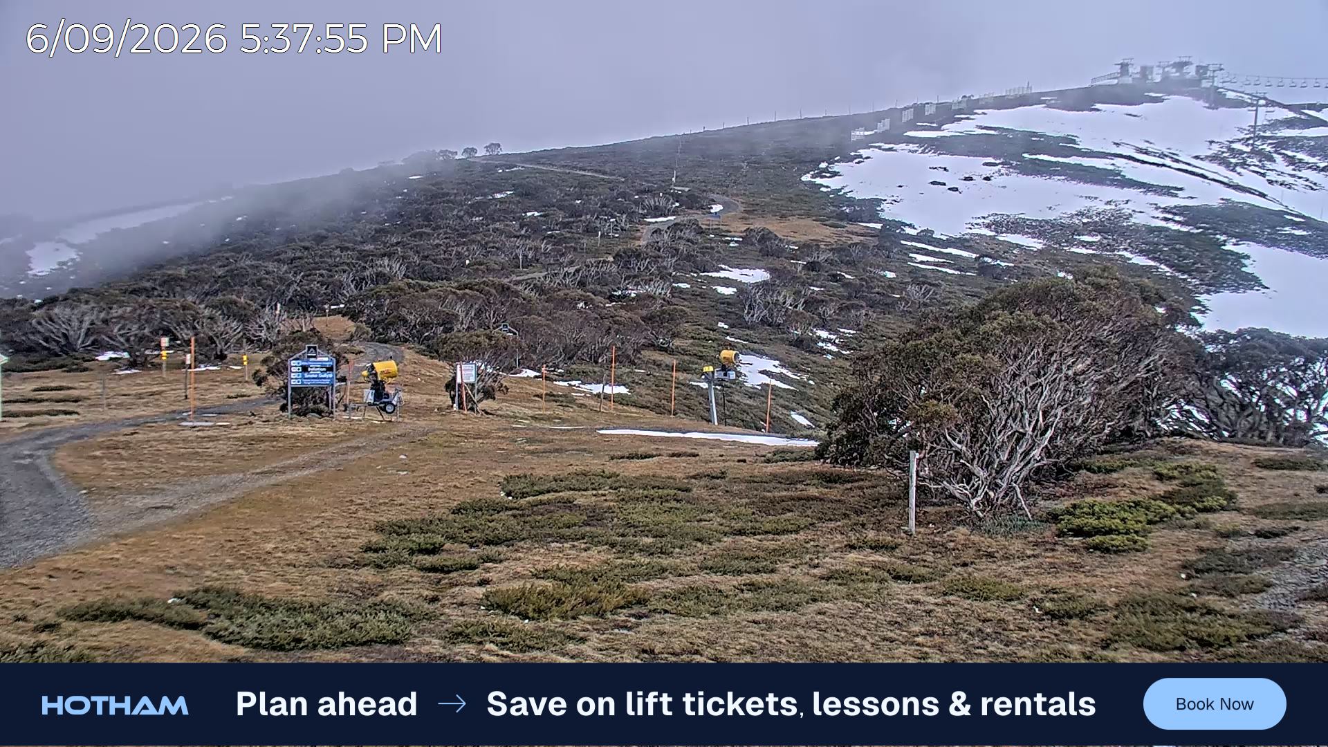 Mt Hotham Skating Rink snow cam captured at 6 September 2026 at 5:38 pm AEST