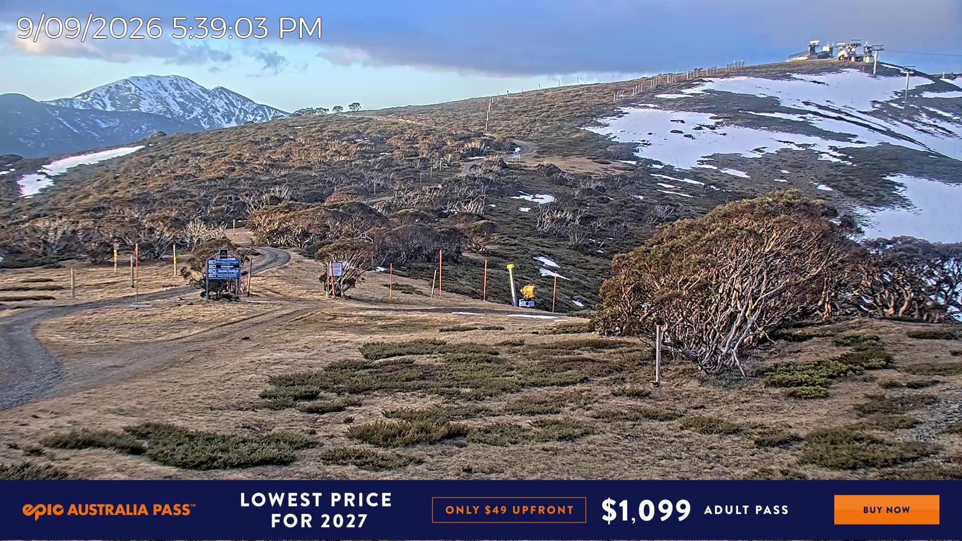 Mt Hotham Skating Rink snow cam captured at 9 September 2026 at 5:49 pm AEST