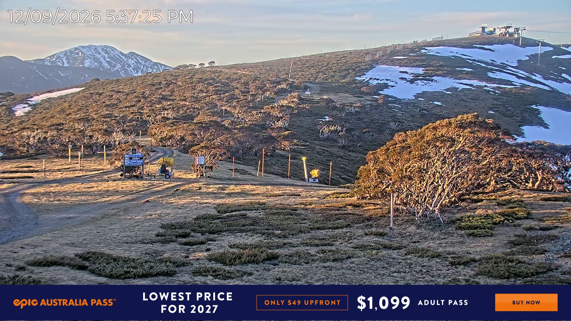 Mt Hotham Skating Rink snow cam captured at 12 September 2026 at 5:37 pm AEST