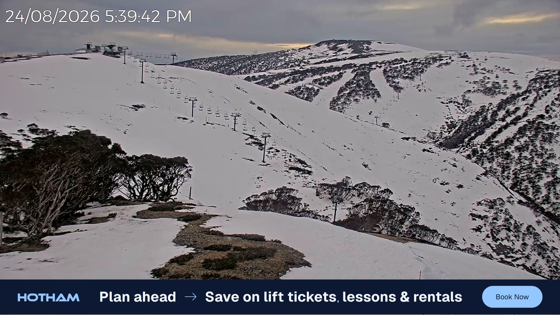 Mt Hotham Gotcha snow cam captured at 24 August 2026 at 5:43 pm AEST