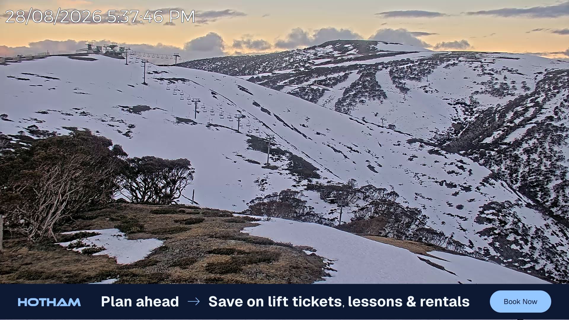 Mt Hotham Gotcha snow cam captured at 28 August 2026 at 5:47 pm AEST