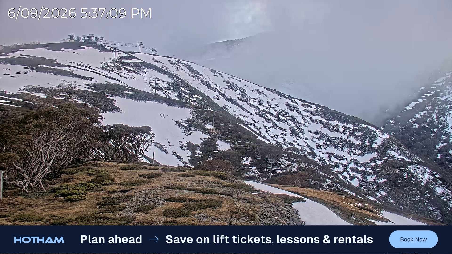 Mt Hotham Gotcha snow cam captured at 6 September 2026 at 5:44 pm AEST