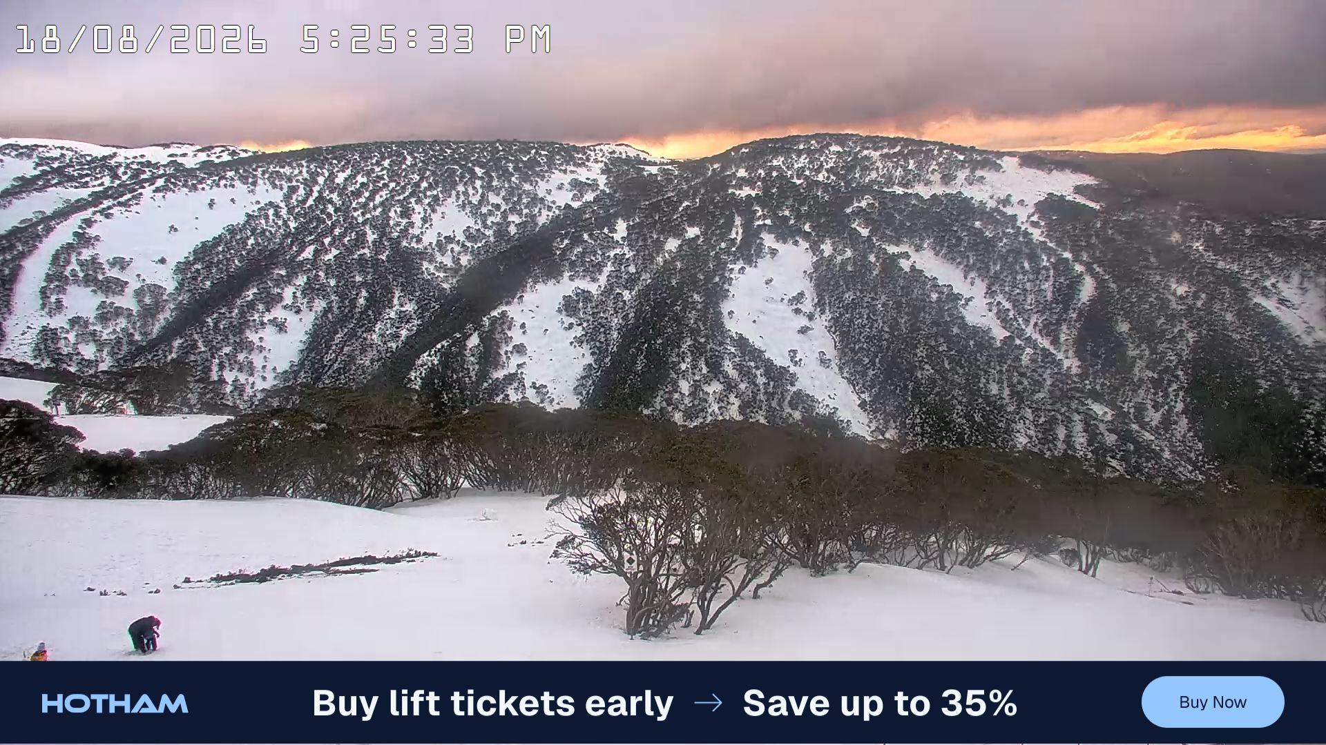 Mt Hotham Golden Point snow cam captured at 18 August 2026 at 5:30 pm AEST