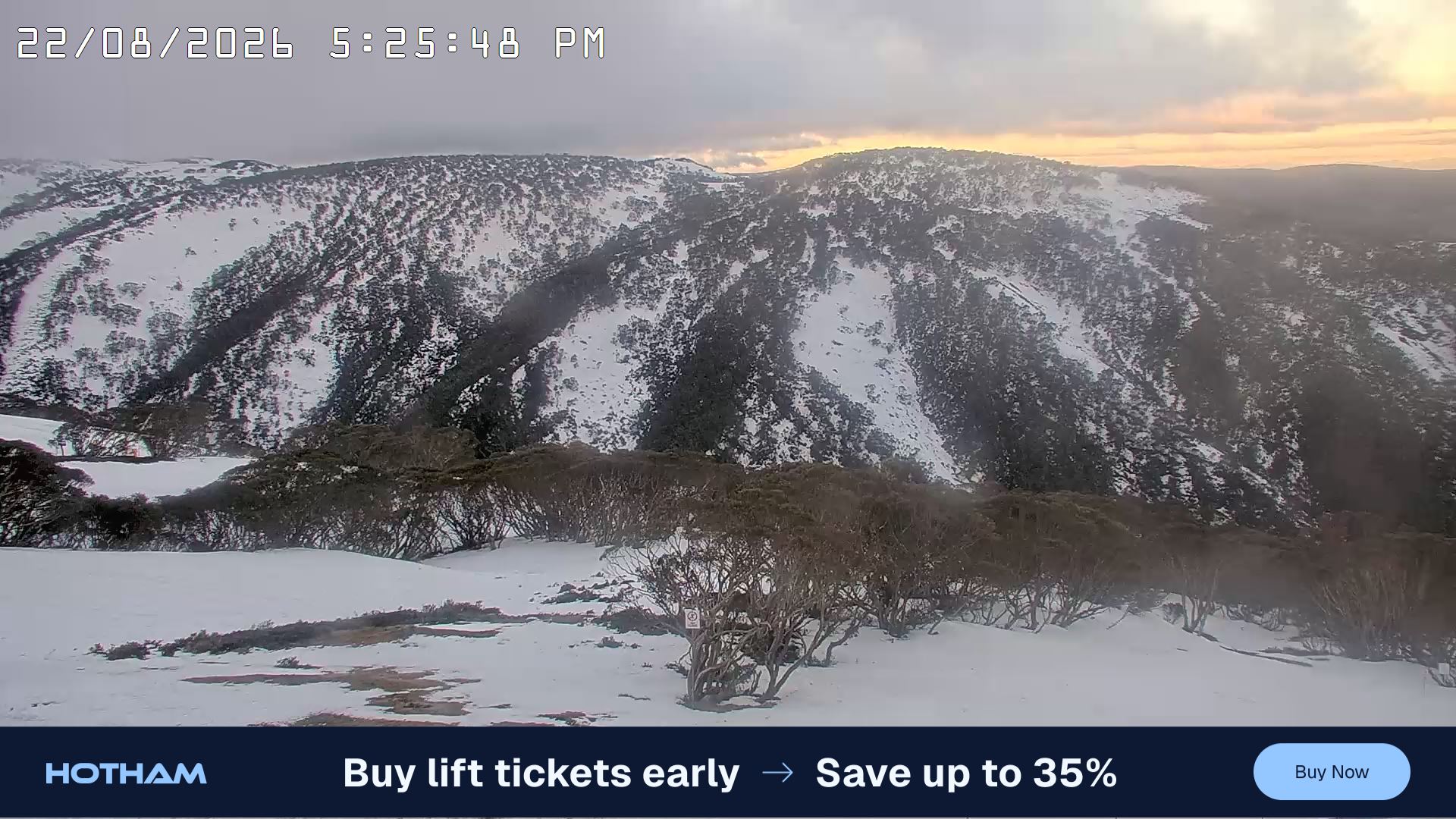 Mt Hotham Golden Point snow cam captured at 22 August 2026 at 5:34 pm AEST