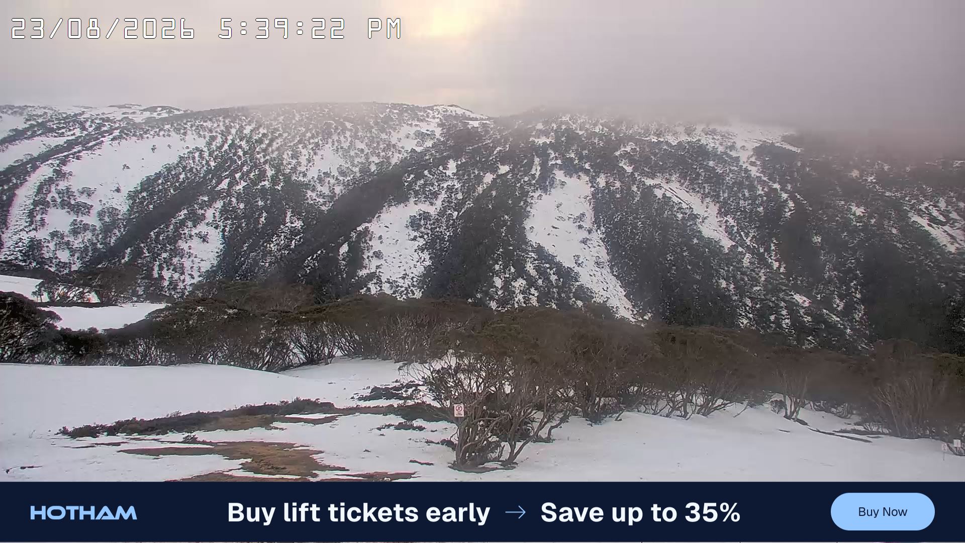 Mt Hotham Golden Point snow cam captured at 23 August 2026 at 5:46 pm AEST