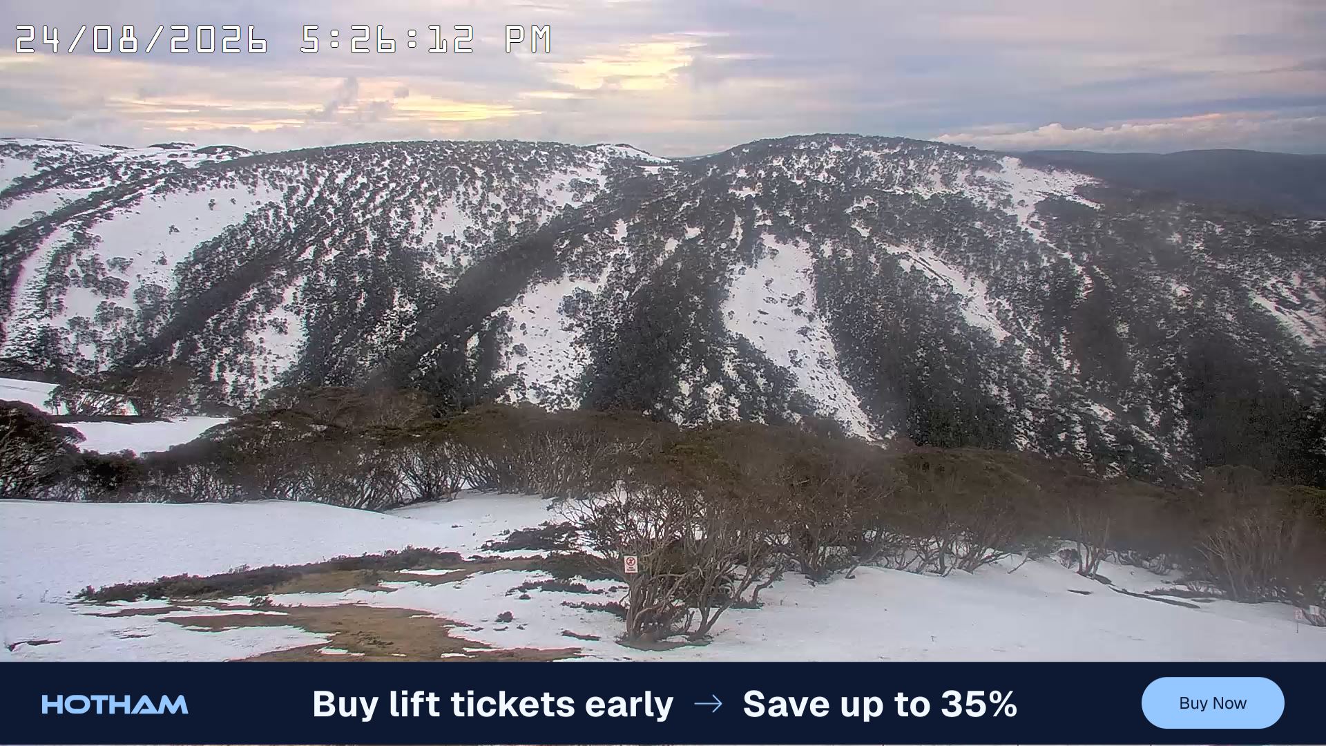 Mt Hotham Golden Point snow cam captured at 24 August 2026 at 5:36 pm AEST