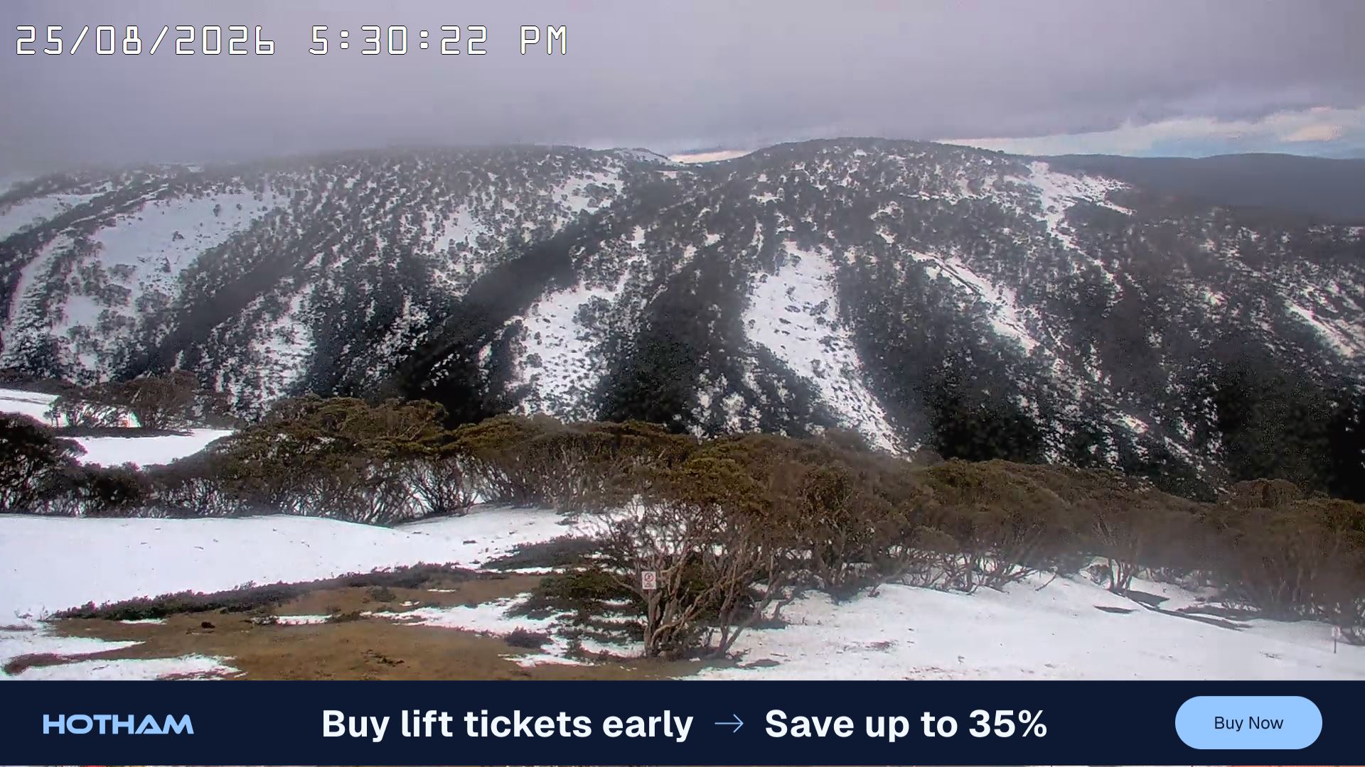 Mt Hotham Golden Point snow cam captured at 25 August 2026 at 5:37 pm AEST