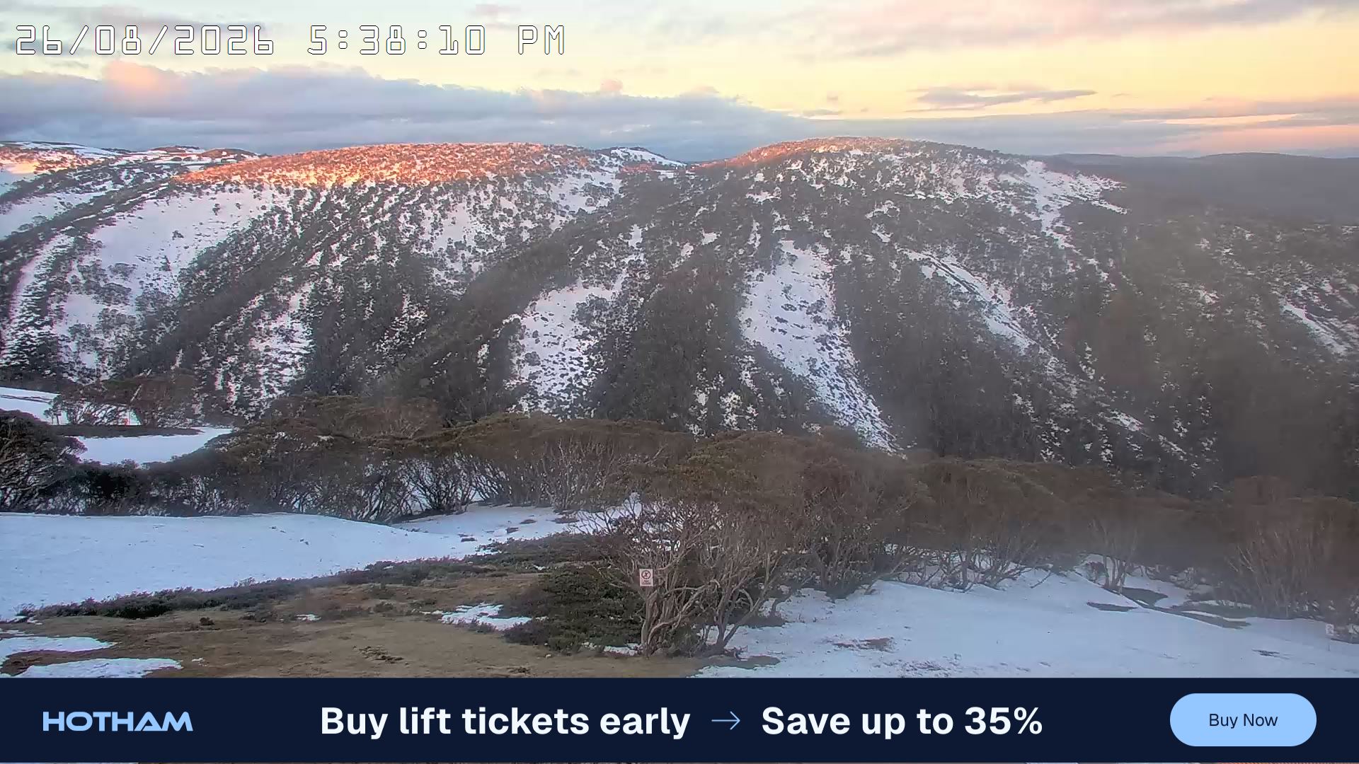 Mt Hotham Golden Point snow cam captured at 26 August 2026 at 5:38 pm AEST