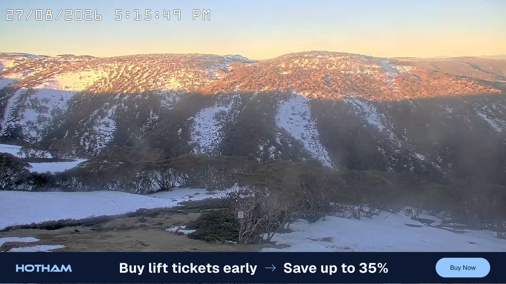 Mt Hotham Golden Point snow cam captured at 27 August 2026 at 5:17 pm AEST