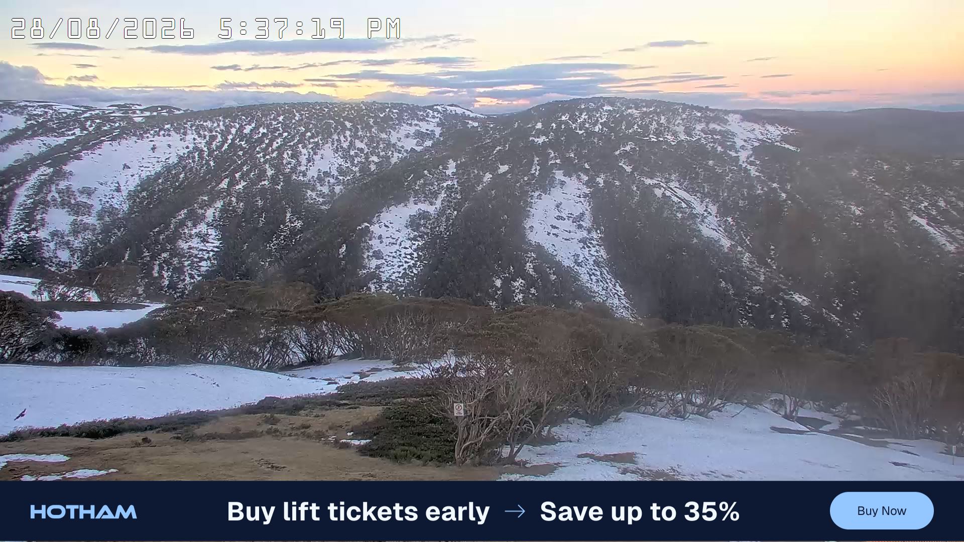 Mt Hotham Golden Point snow cam captured at 28 August 2026 at 5:40 pm AEST