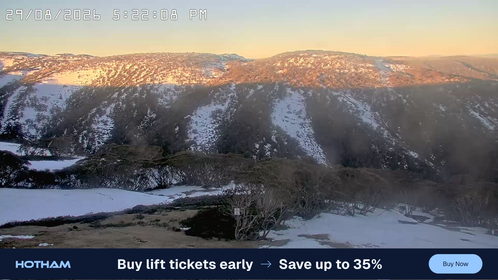 Mt Hotham Golden Point snow cam captured at 29 August 2026 at 5:31 pm AEST