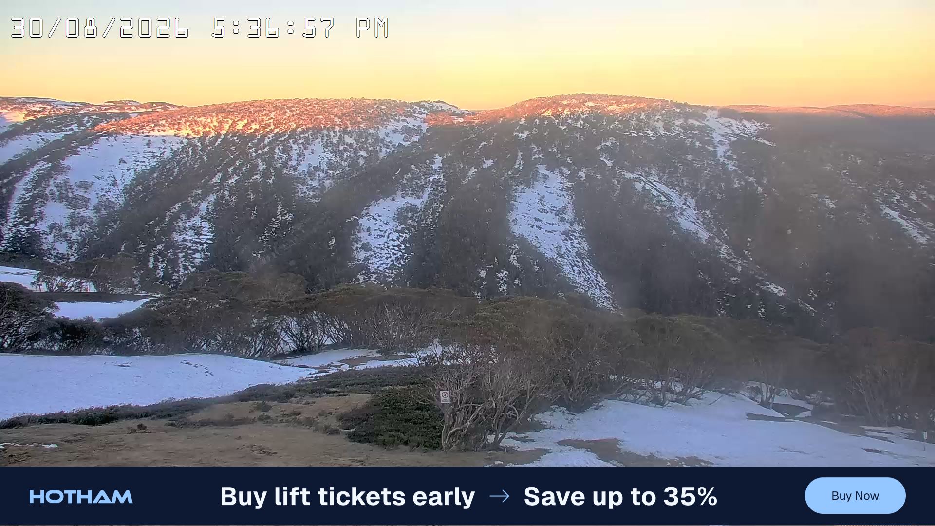 Mt Hotham Golden Point snow cam captured at 30 August 2026 at 5:43 pm AEST