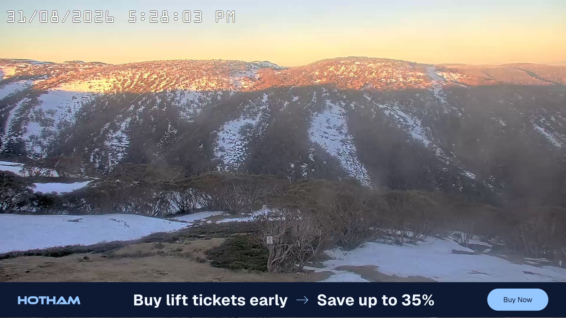 Mt Hotham Golden Point snow cam captured at 31 August 2026 at 5:34 pm AEST