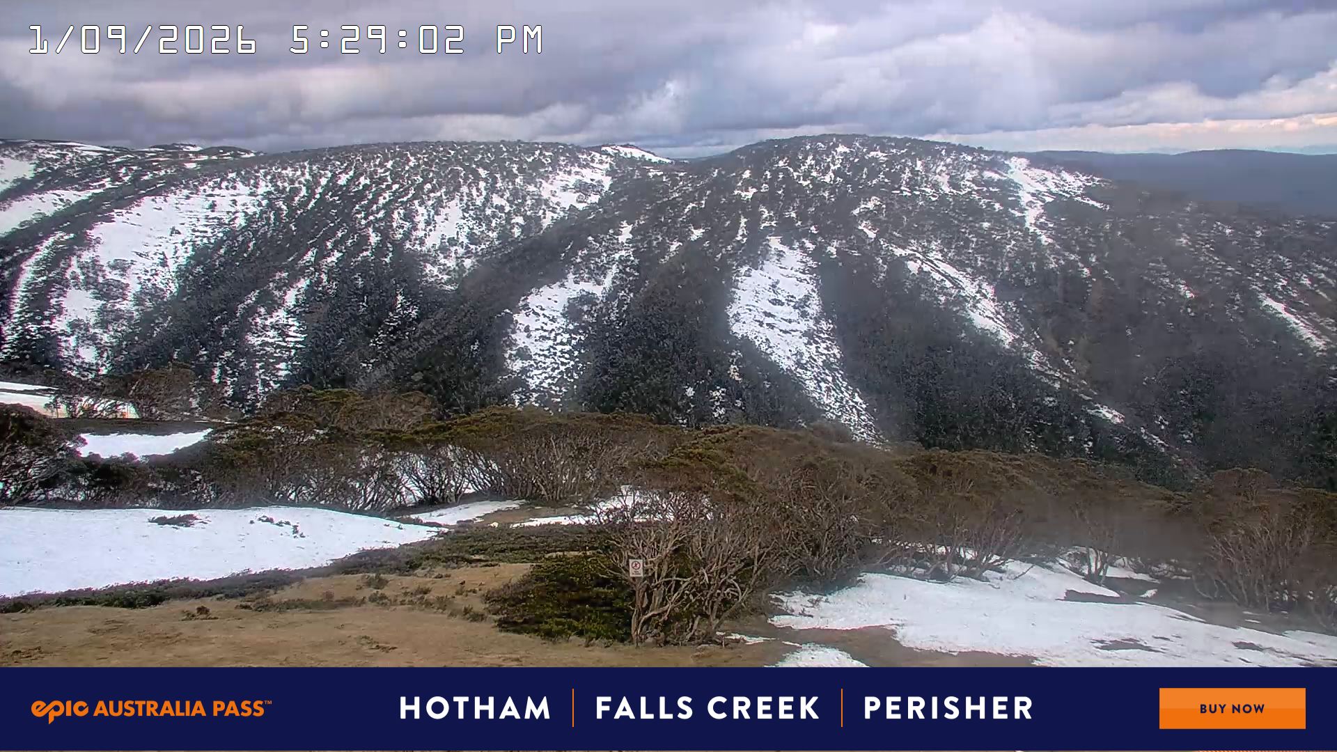 Mt Hotham Golden Point snow cam captured at 1 September 2026 at 5:41 pm AEST