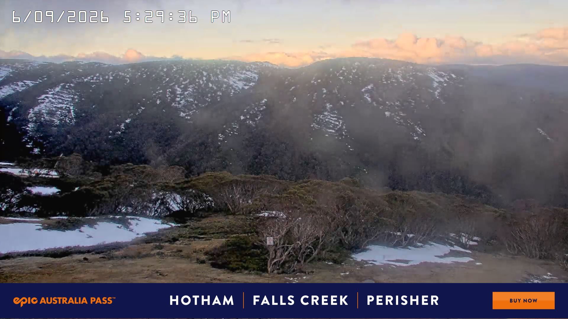 Mt Hotham Golden Point snow cam captured at 6 September 2026 at 5:37 pm AEST