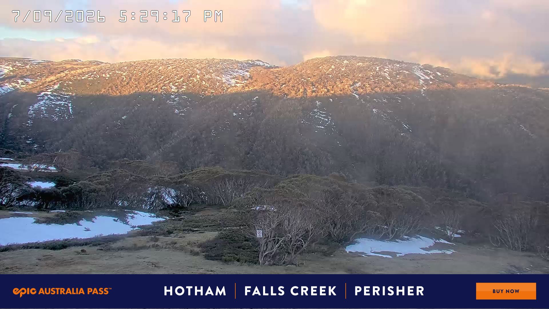Mt Hotham Golden Point snow cam captured at 7 September 2026 at 5:36 pm AEST