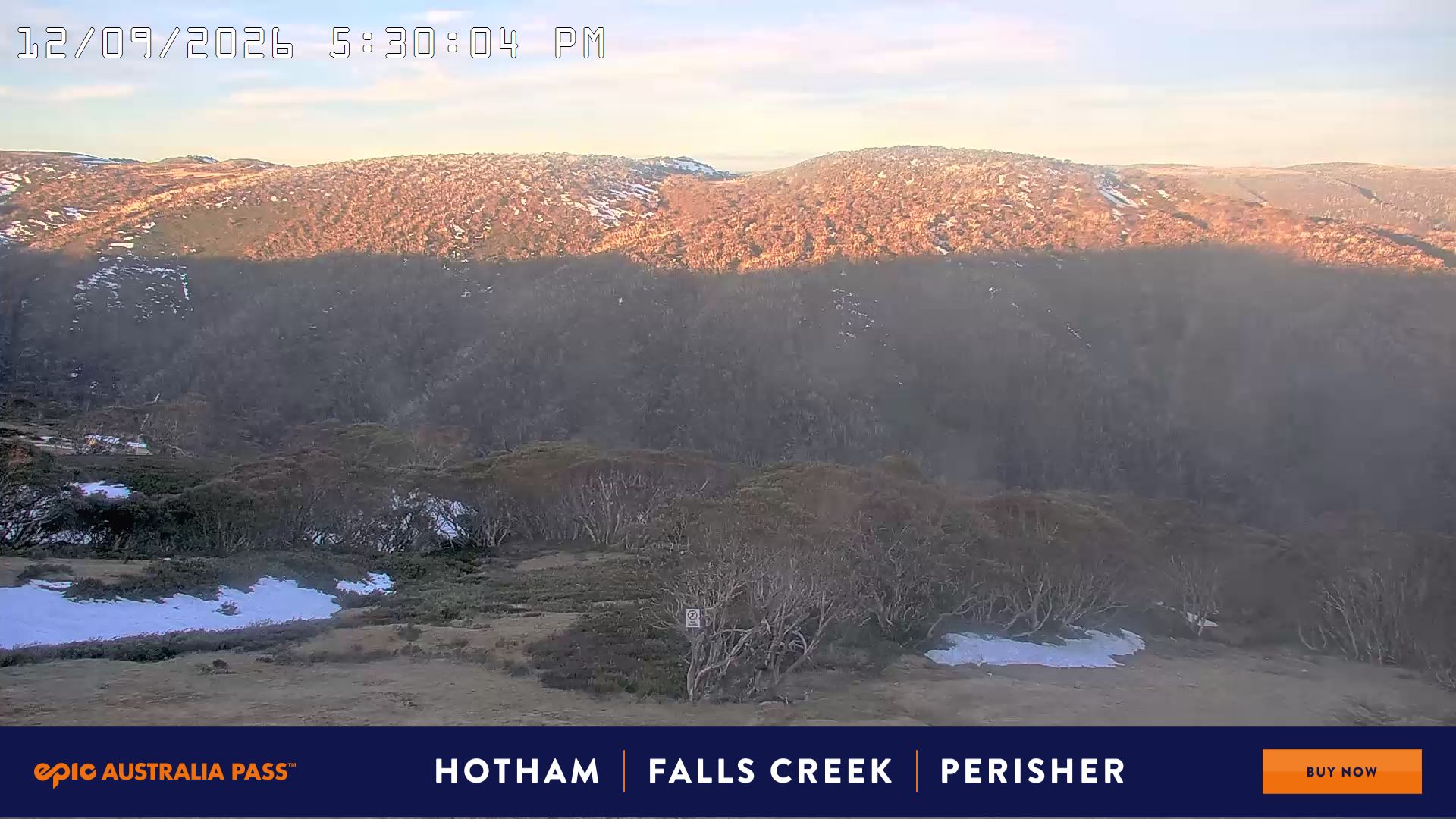 Mt Hotham Golden Point snow cam captured at 12 September 2026 at 5:37 pm AEST