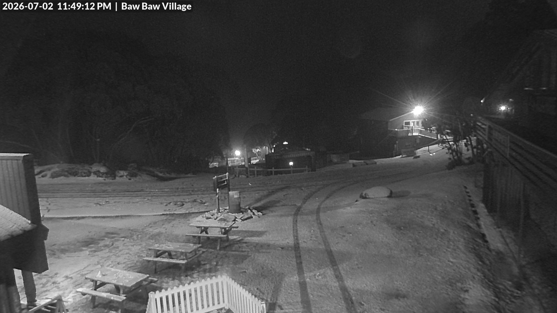 Mt Baw Baw Baw Baw Village snow cam captured at 2 July 2026 at 11:53 pm AEST