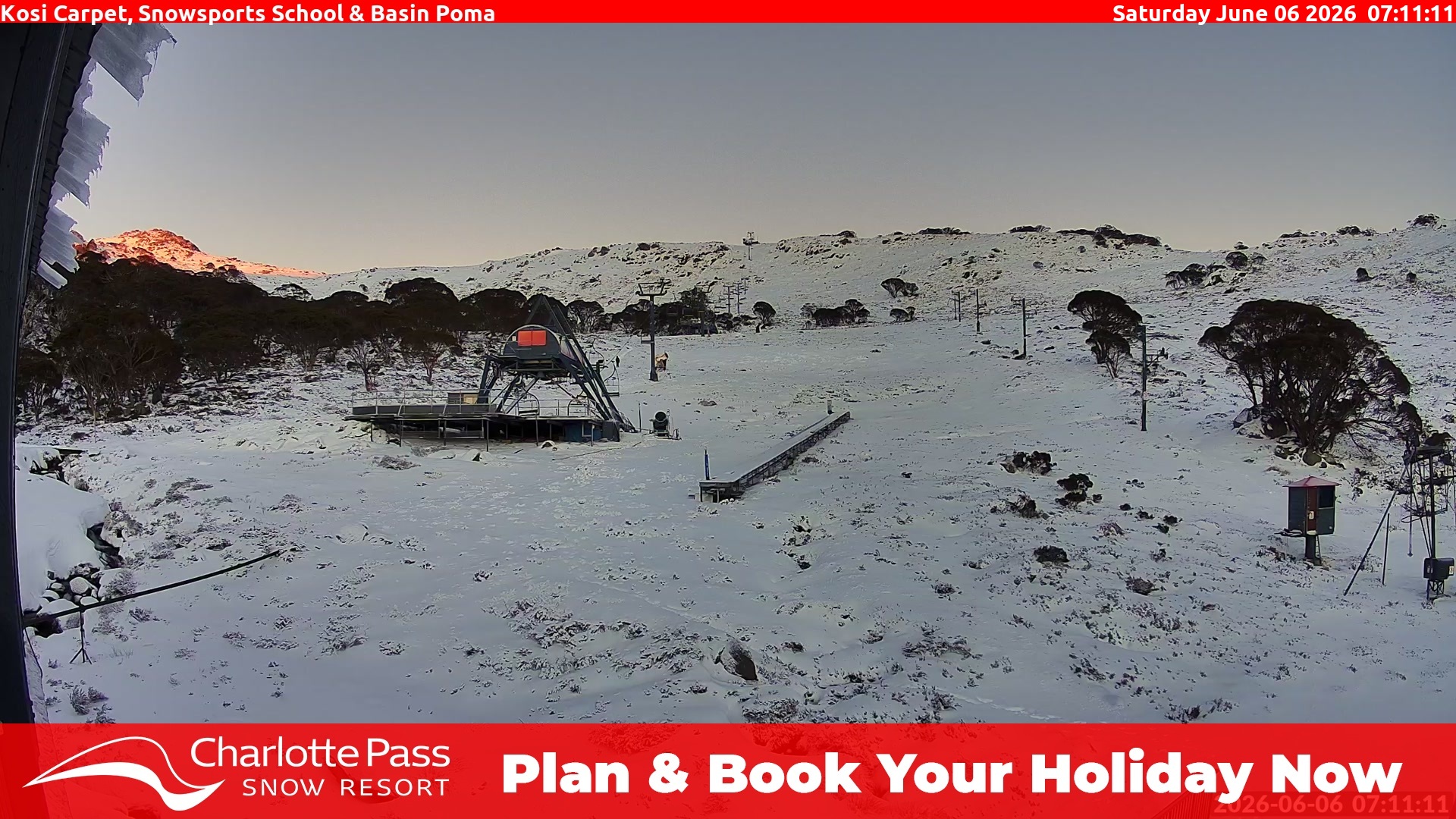 Charlotte Pass Kosi Carpet, Snowsports School and Basin Poma snow cam captured at 7 June 2026 at 11:05 pm AEST