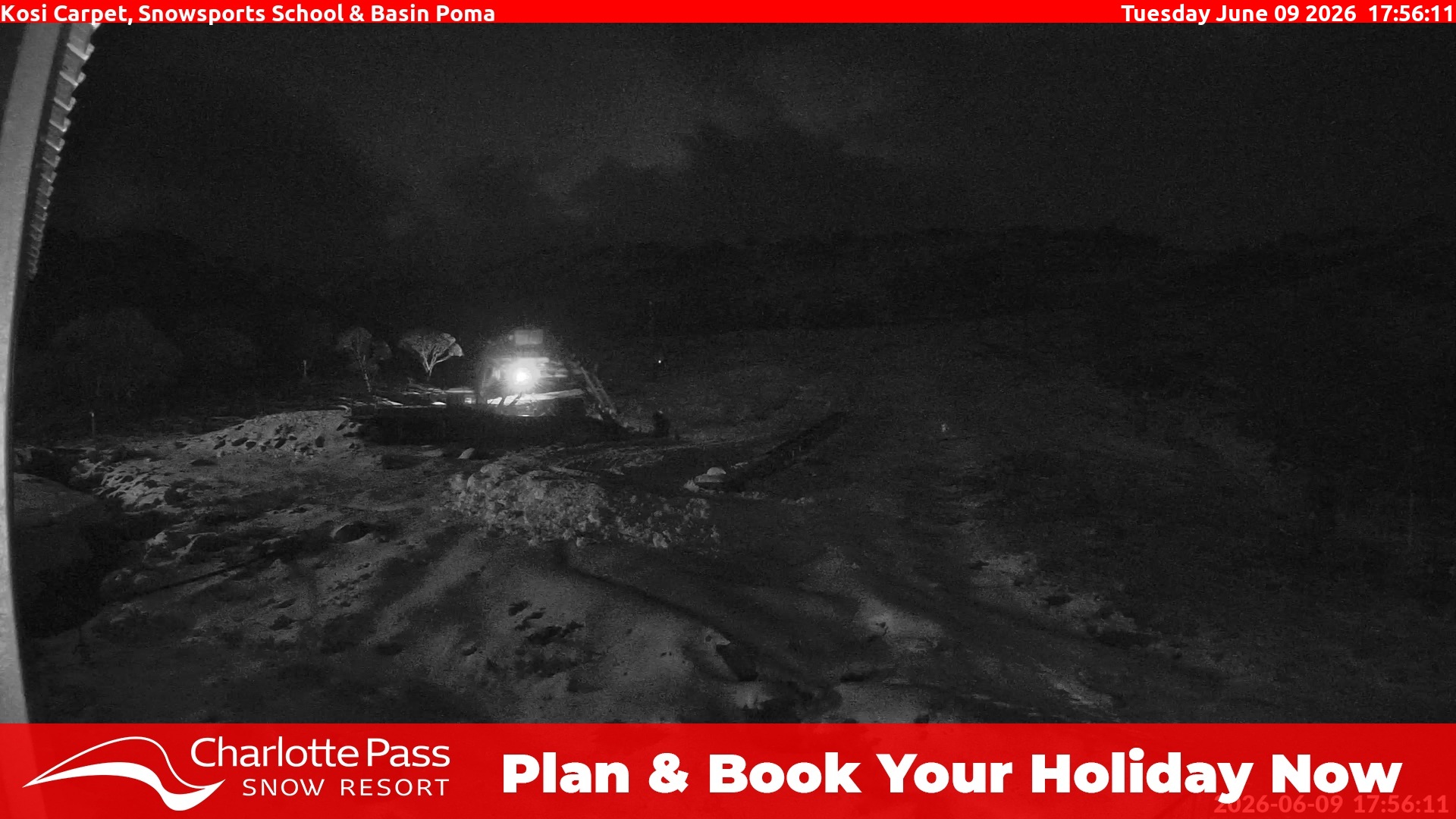 Charlotte Pass Kosi Carpet, Snowsports School and Basin Poma snow cam captured at 9 June 2026 at 6:04 pm AEST
