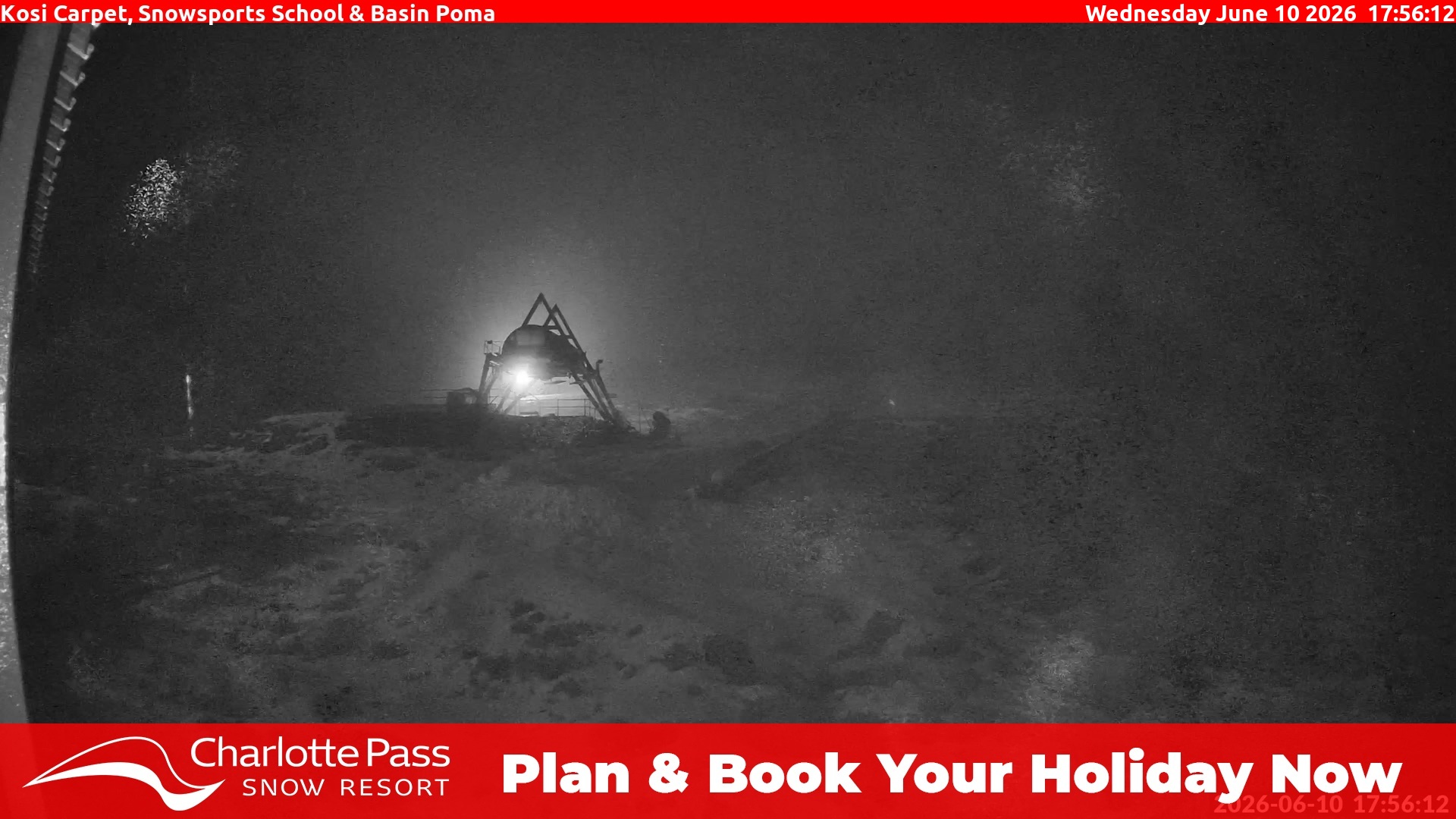 Charlotte Pass Kosi Carpet, Snowsports School and Basin Poma snow cam captured at 10 June 2026 at 6:02 pm AEST