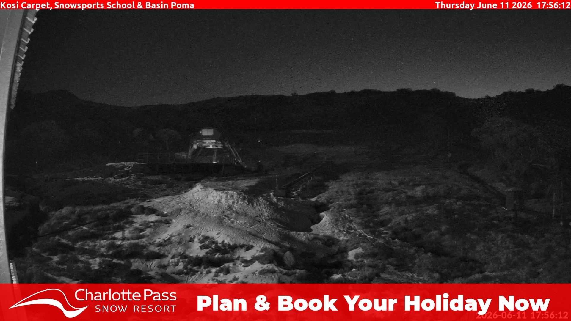 Charlotte Pass Kosi Carpet, Snowsports School and Basin Poma snow cam captured at 11 June 2026 at 5:58 pm AEST