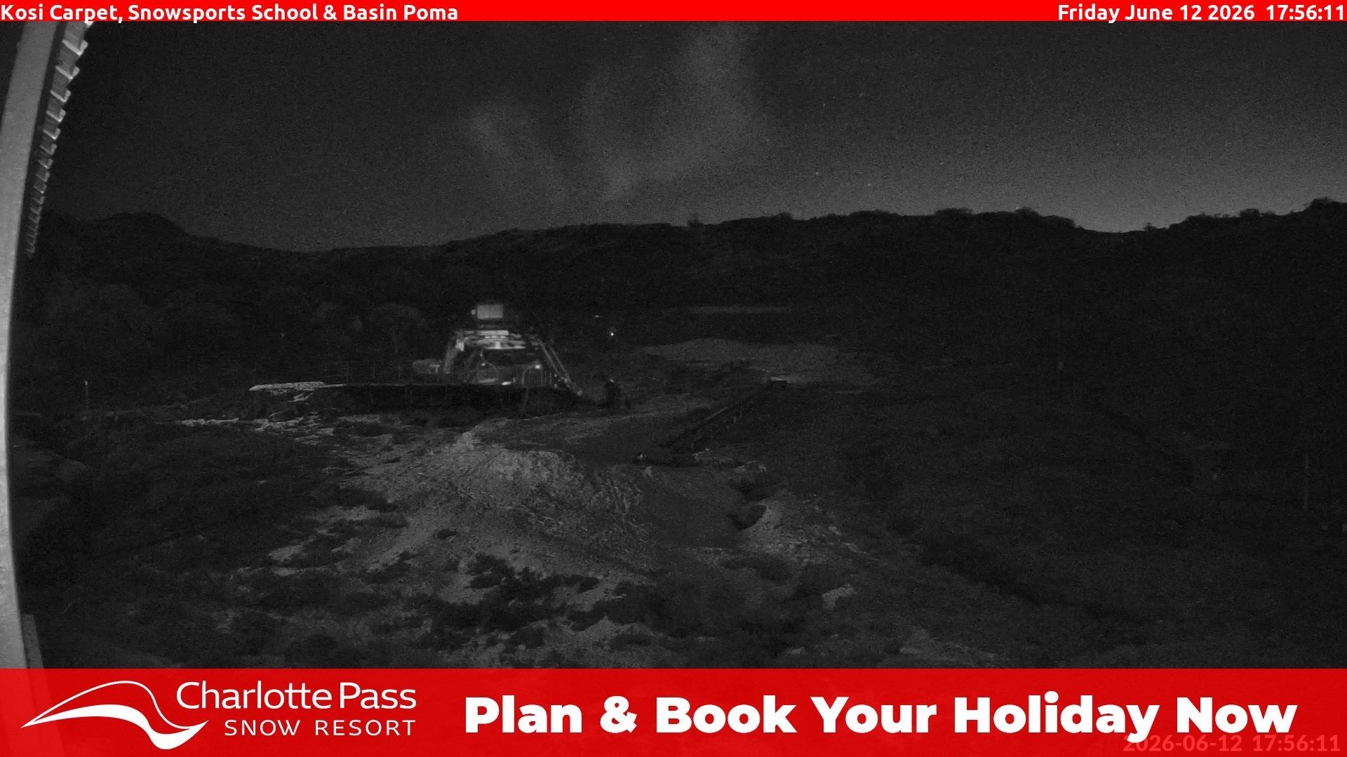 Charlotte Pass Kosi Carpet, Snowsports School and Basin Poma snow cam captured at 12 June 2026 at 5:58 pm AEST