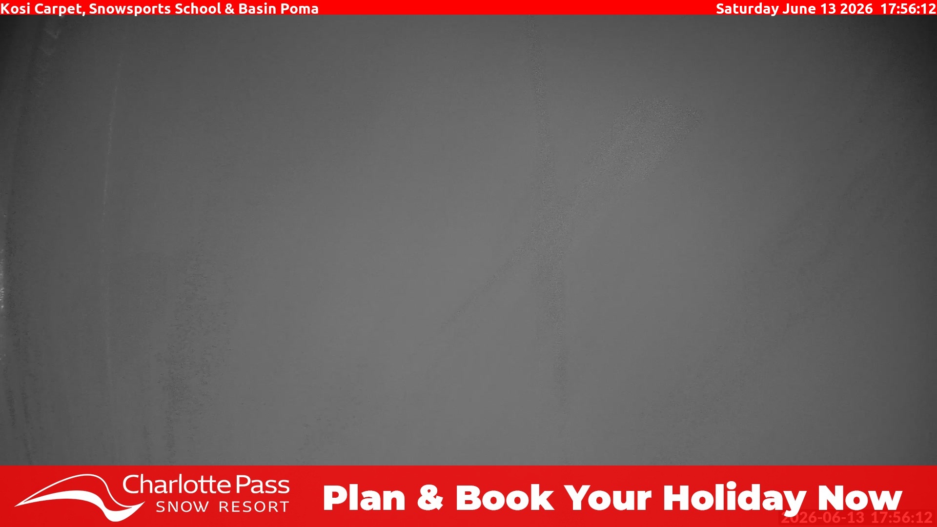 Charlotte Pass Kosi Carpet, Snowsports School and Basin Poma snow cam captured at 13 June 2026 at 6:00 pm AEST