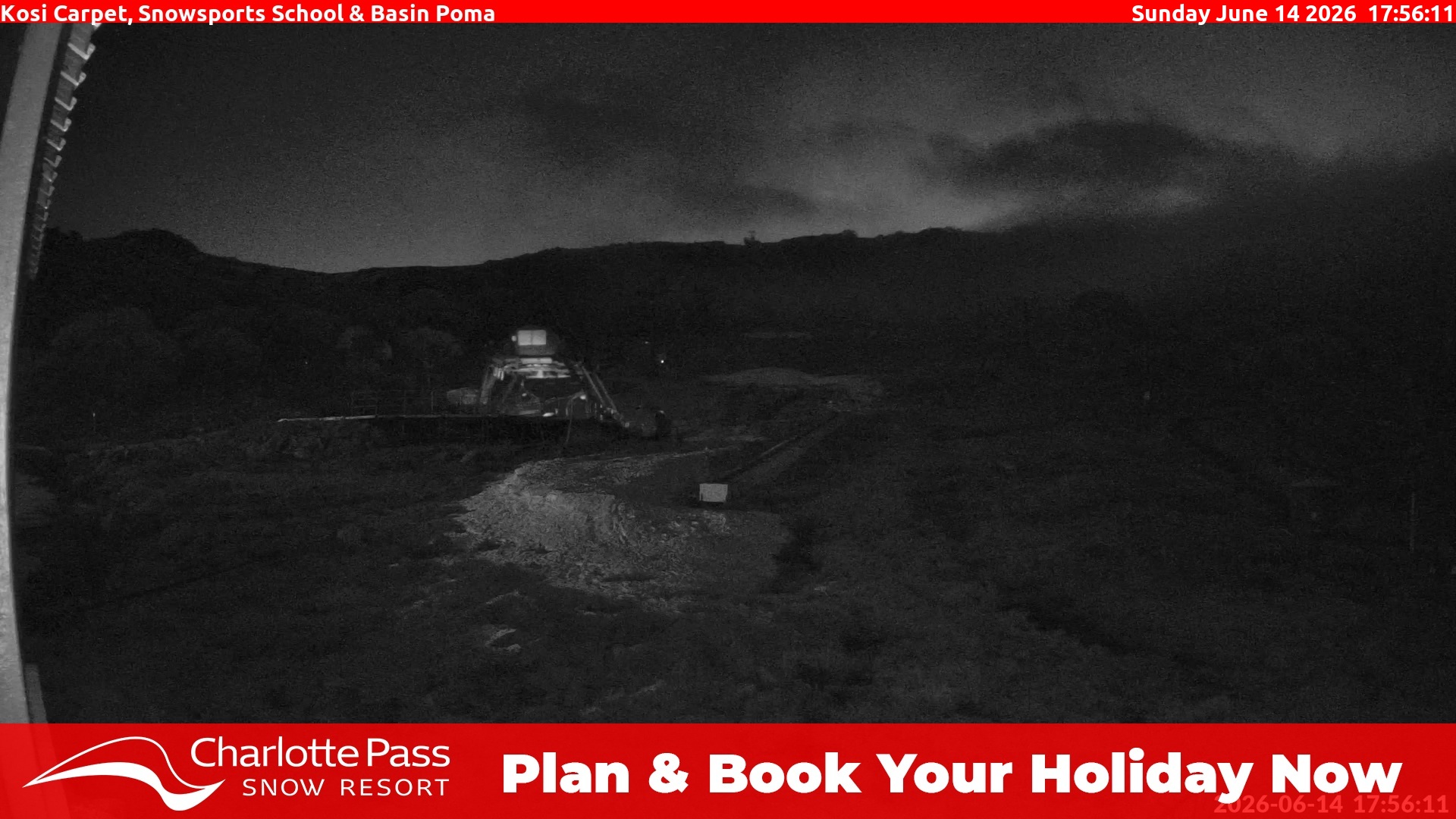 Charlotte Pass Kosi Carpet, Snowsports School and Basin Poma snow cam captured at 14 June 2026 at 5:59 pm AEST