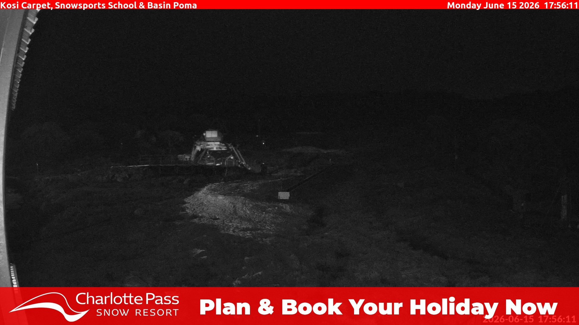 Charlotte Pass Kosi Carpet, Snowsports School and Basin Poma snow cam captured at 15 June 2026 at 5:59 pm AEST