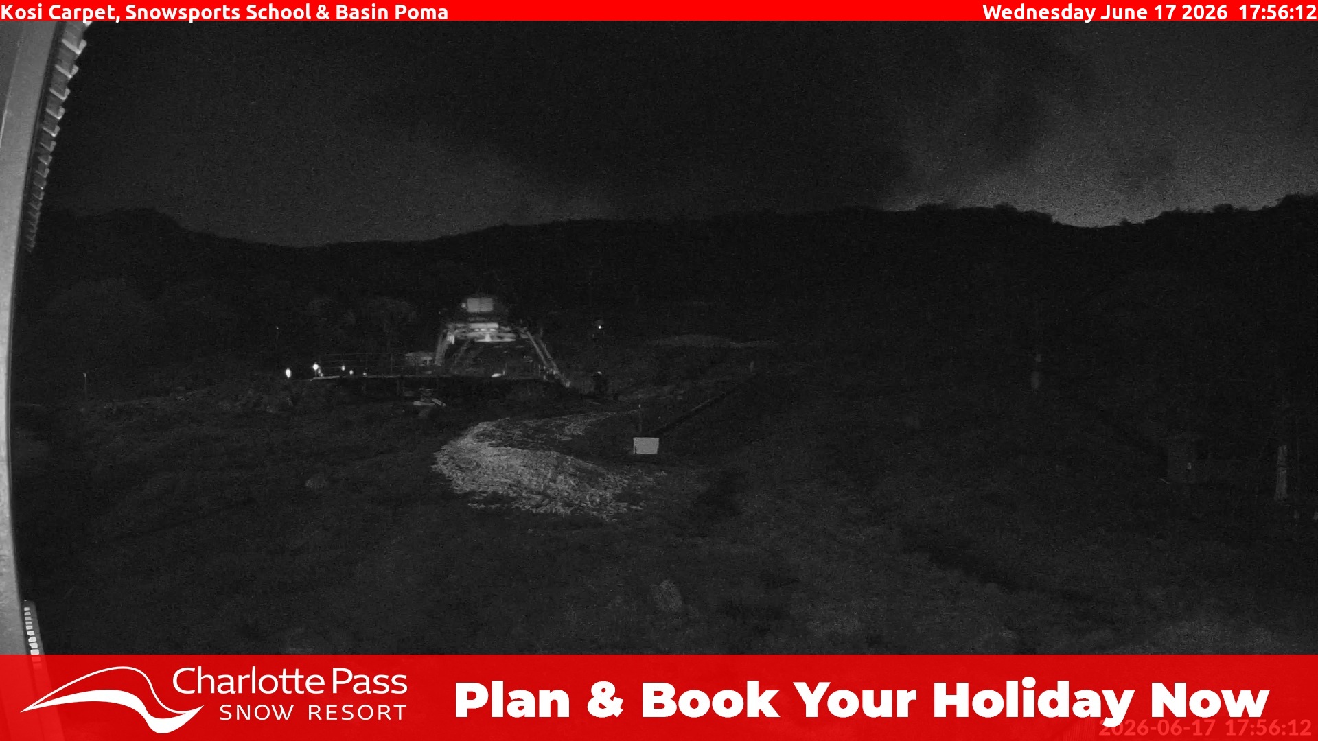 Charlotte Pass Kosi Carpet, Snowsports School and Basin Poma snow cam captured at 17 June 2026 at 6:00 pm AEST