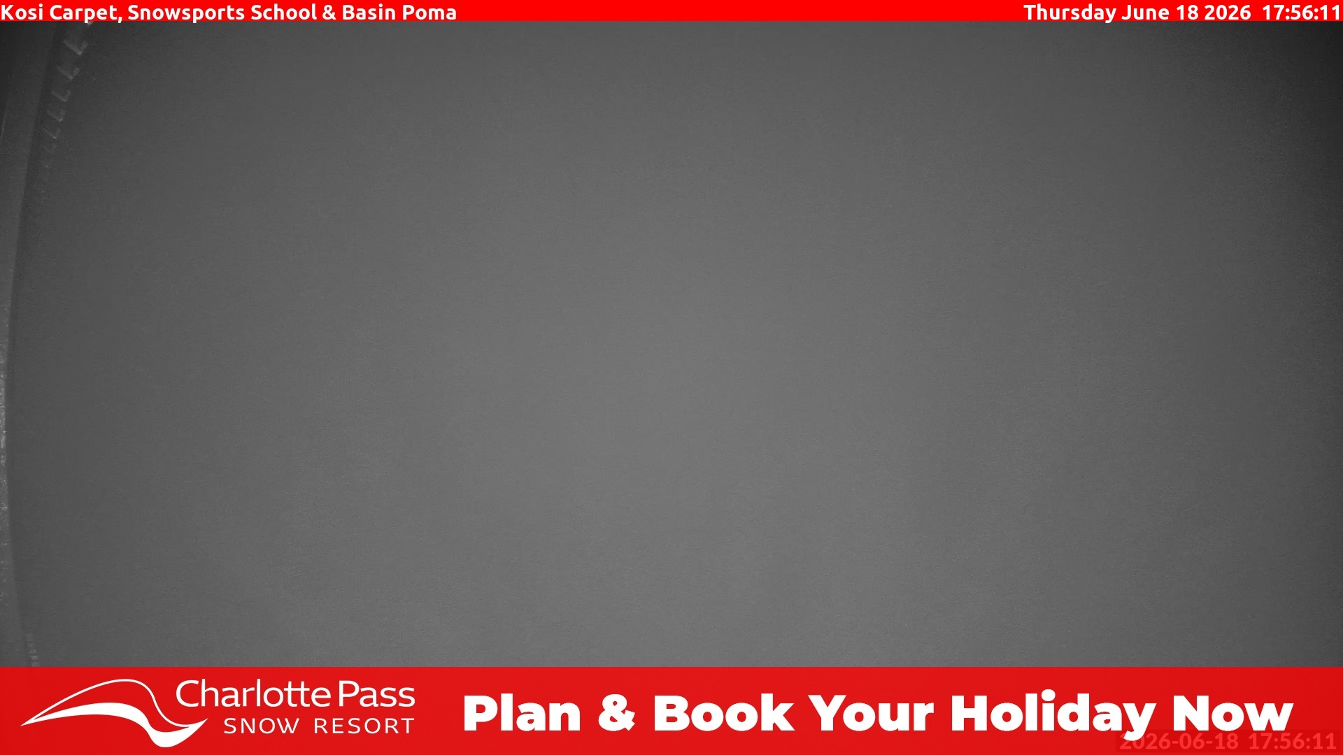 Charlotte Pass Kosi Carpet, Snowsports School and Basin Poma snow cam captured at 18 June 2026 at 6:00 pm AEST